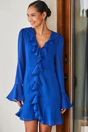 Sosandar Blue Petite Ruffle Front Mini Fit And Flare Dress - Image 5 of 6