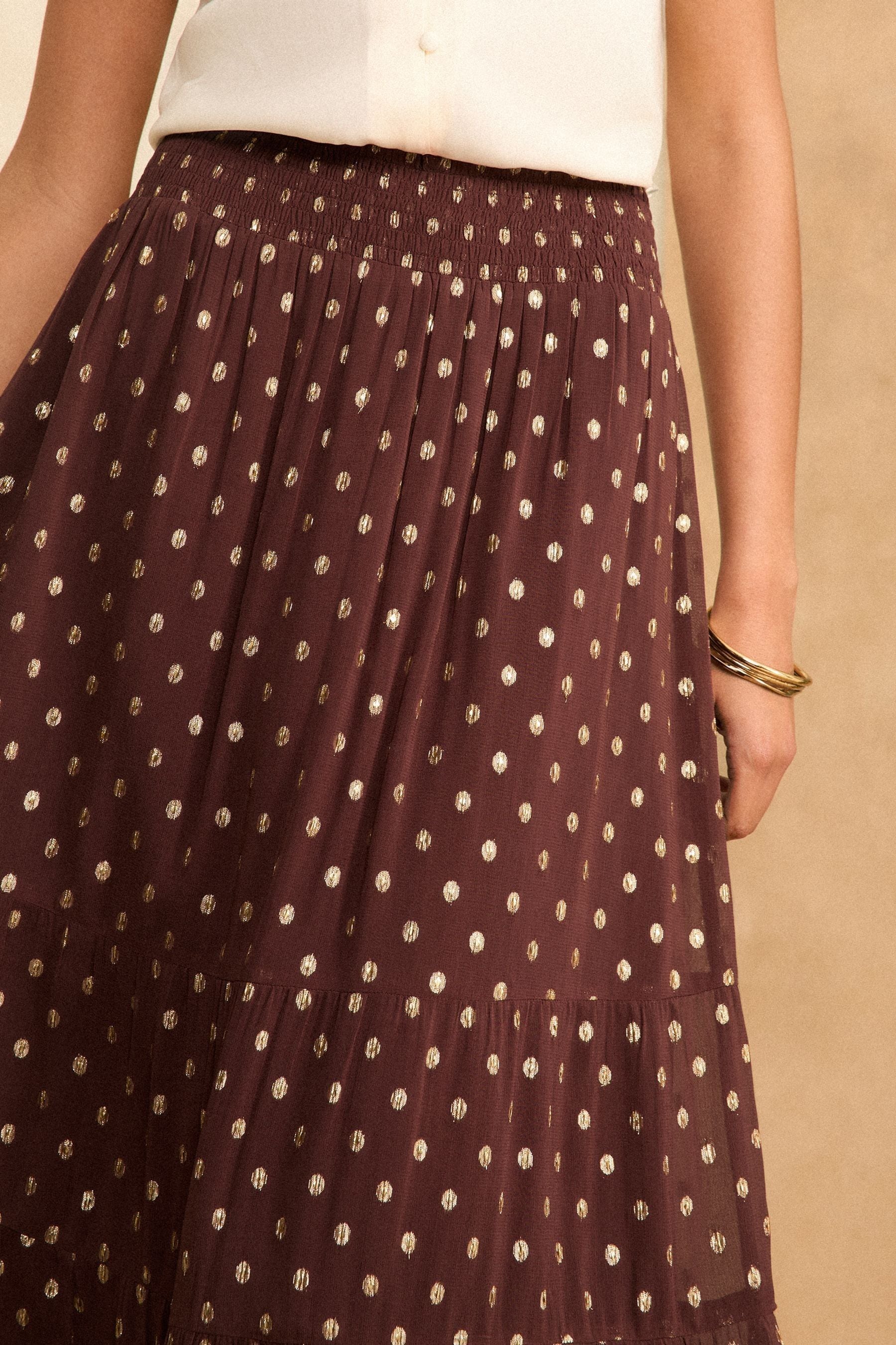 Buy Love Roses Brown Polka Dot Metallic Tiered Maxi Skirt from Next Oman