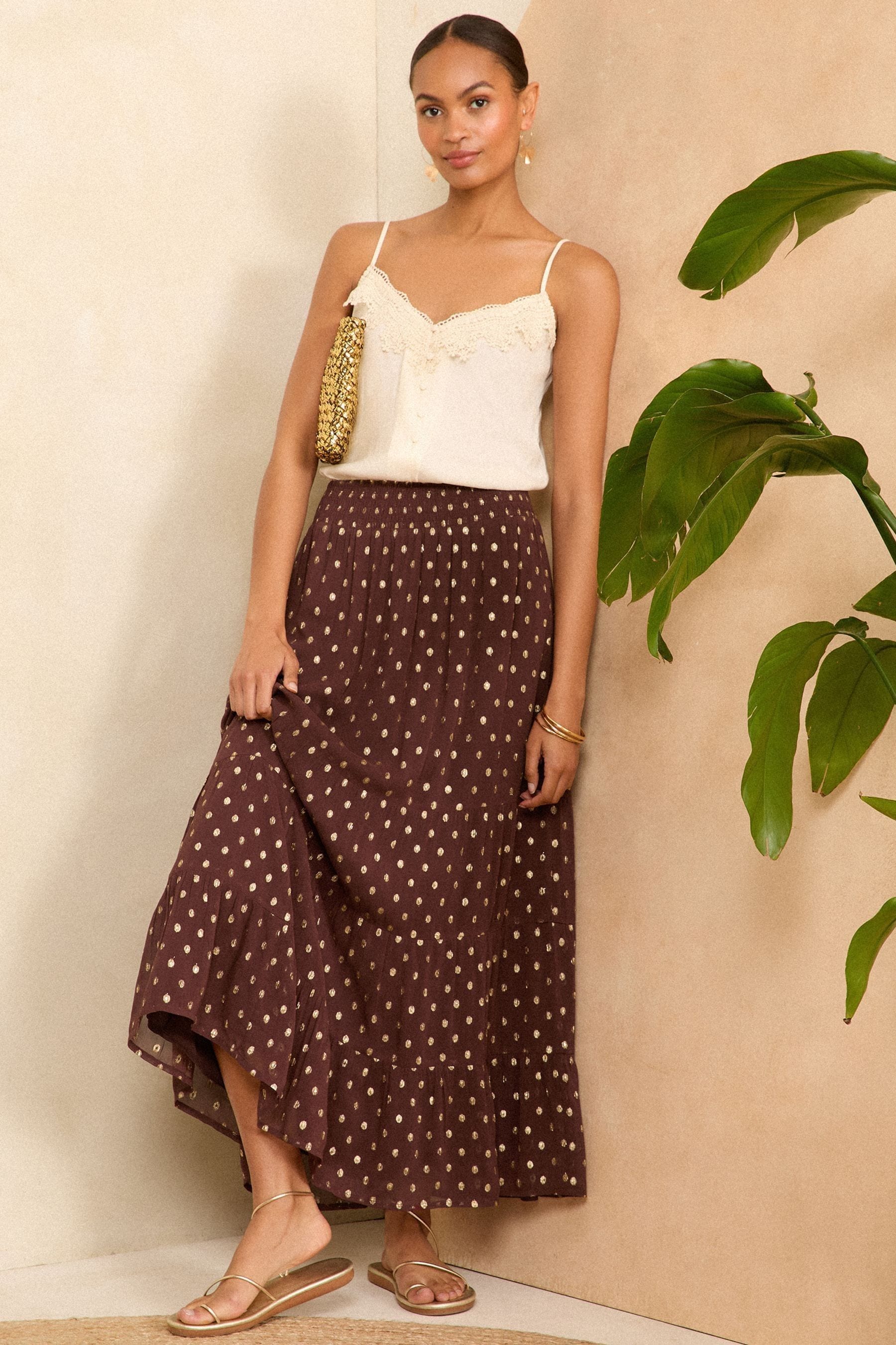 Buy Love Roses Brown Polka Dot Metallic Tiered Maxi Skirt from the Next UK online shop