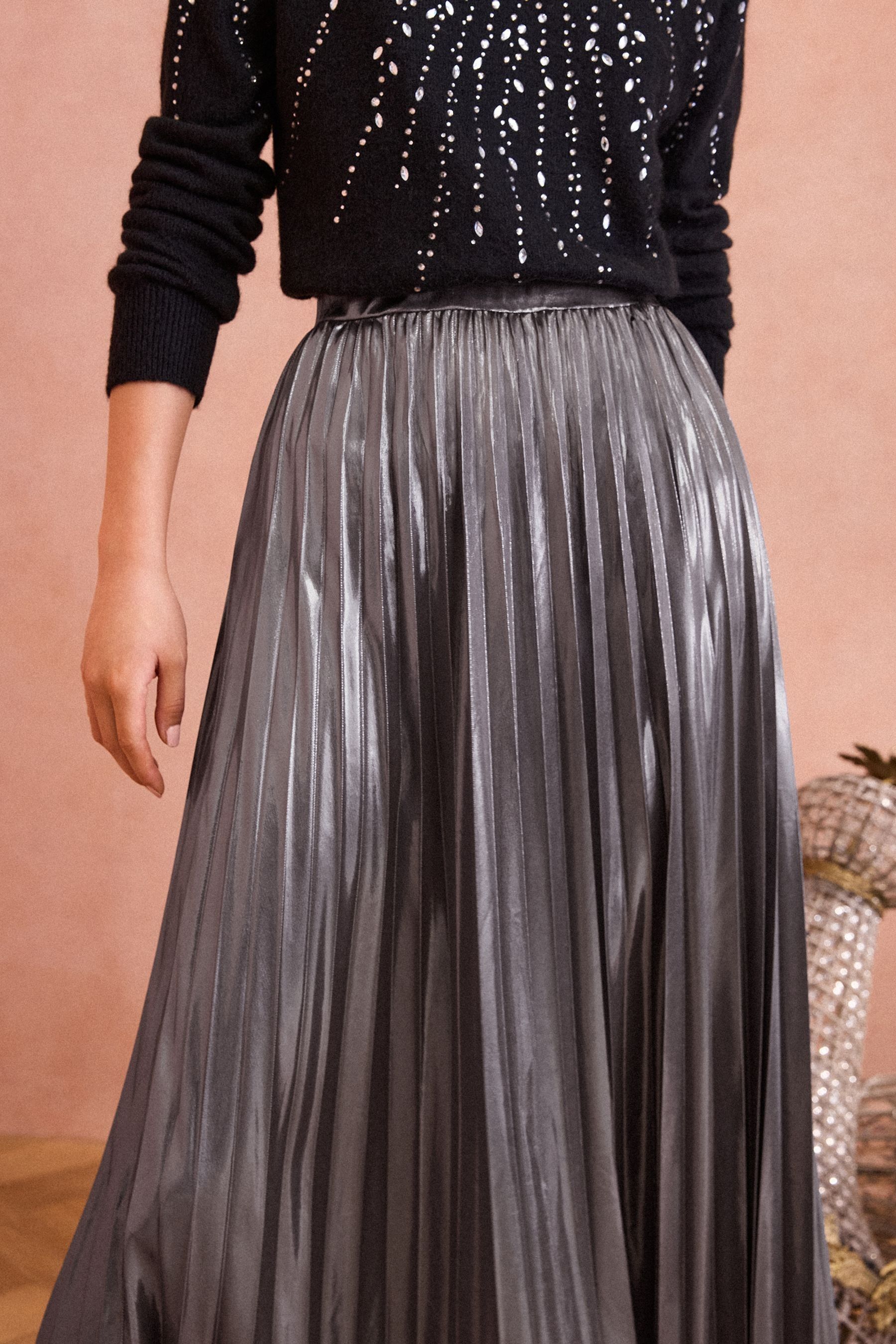 Buy Love Roses Grey Petite Pleated Lame Midi Skirt from the Next UK online shop