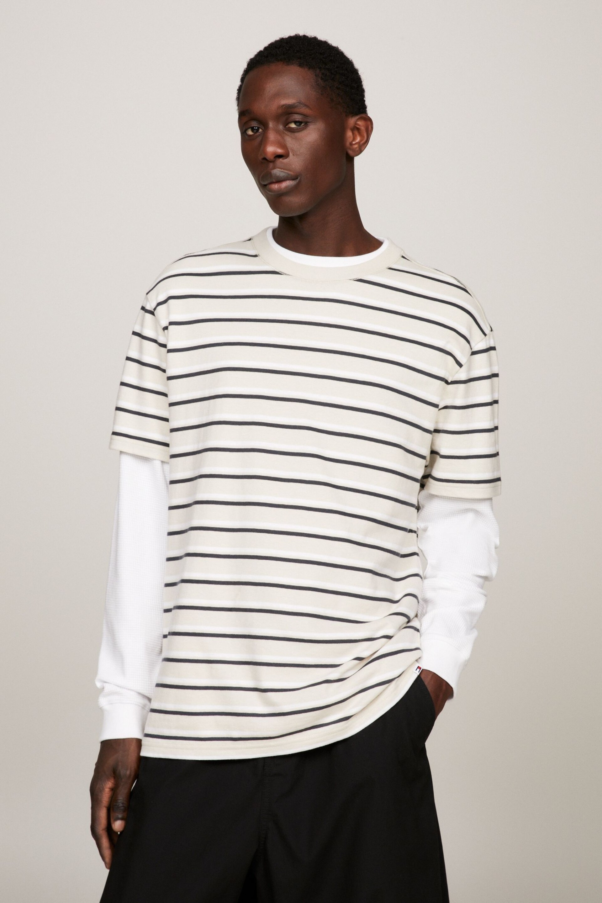 Tommy Hilfiger Cream Stripe Crew Neck T-Shirt - Image 1 of 6