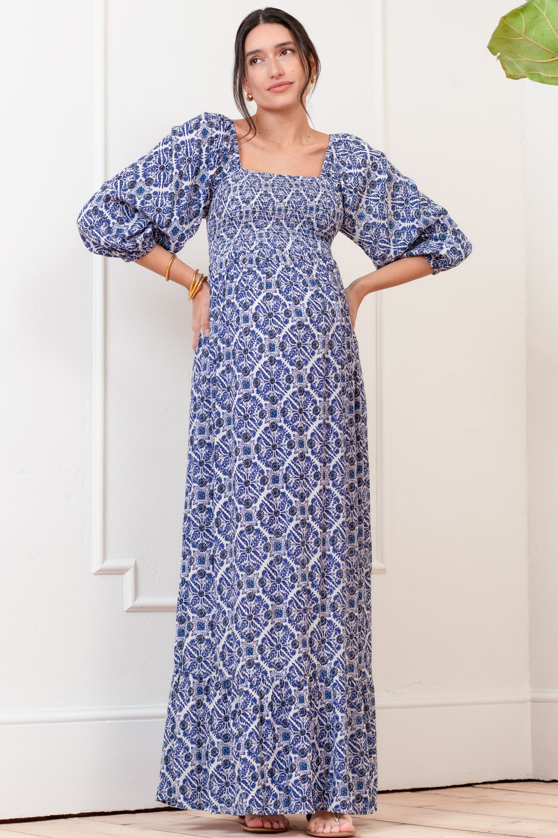 Buy Seraphine Blue Crepe Shirred Bodice Maternity Maxi Dress from Next Luxembourg
