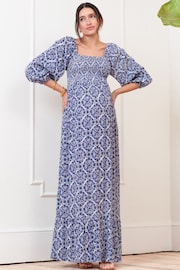 Seraphine Blue Crepe Shirred Bodice Maternity Maxi Dress - Image 1 of 9