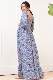 Seraphine Blue Crepe Shirred Bodice Maternity Maxi Dress - Image 5 of 9