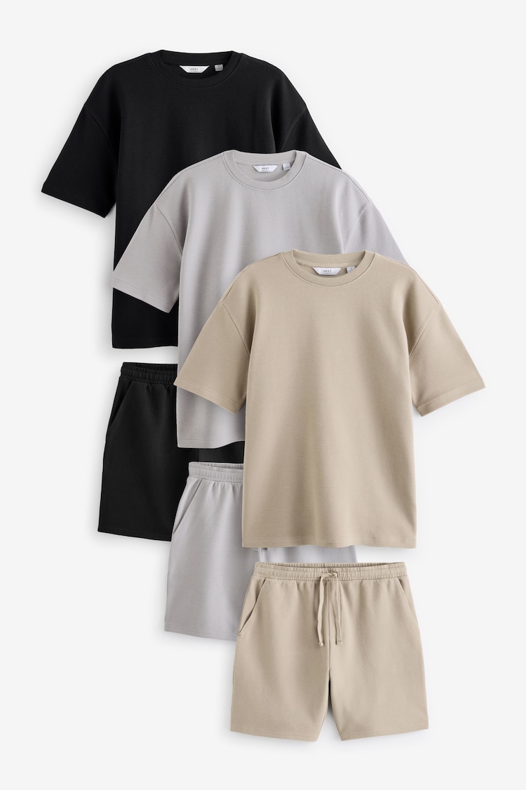 Black/Grey/Neutral Textured Coord T-Shirt And Shorts Set 3 Pack - Image 1 of 18