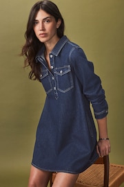 Rinse Blue Half Placket Denim 100% Cotton Mini Dress - Image 3 of 7