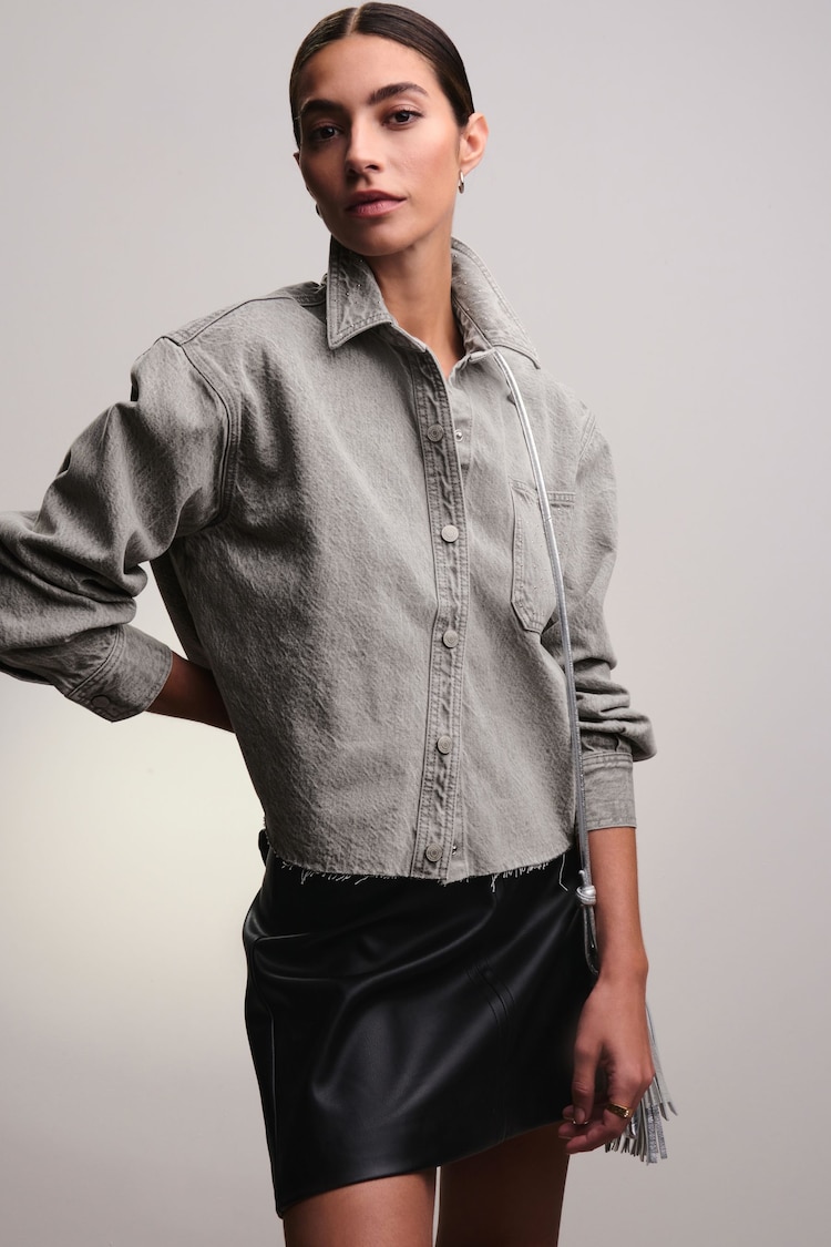 Grey Raw Hem Cropped Denim 100% Cotton Shirt - Image 1 of 8