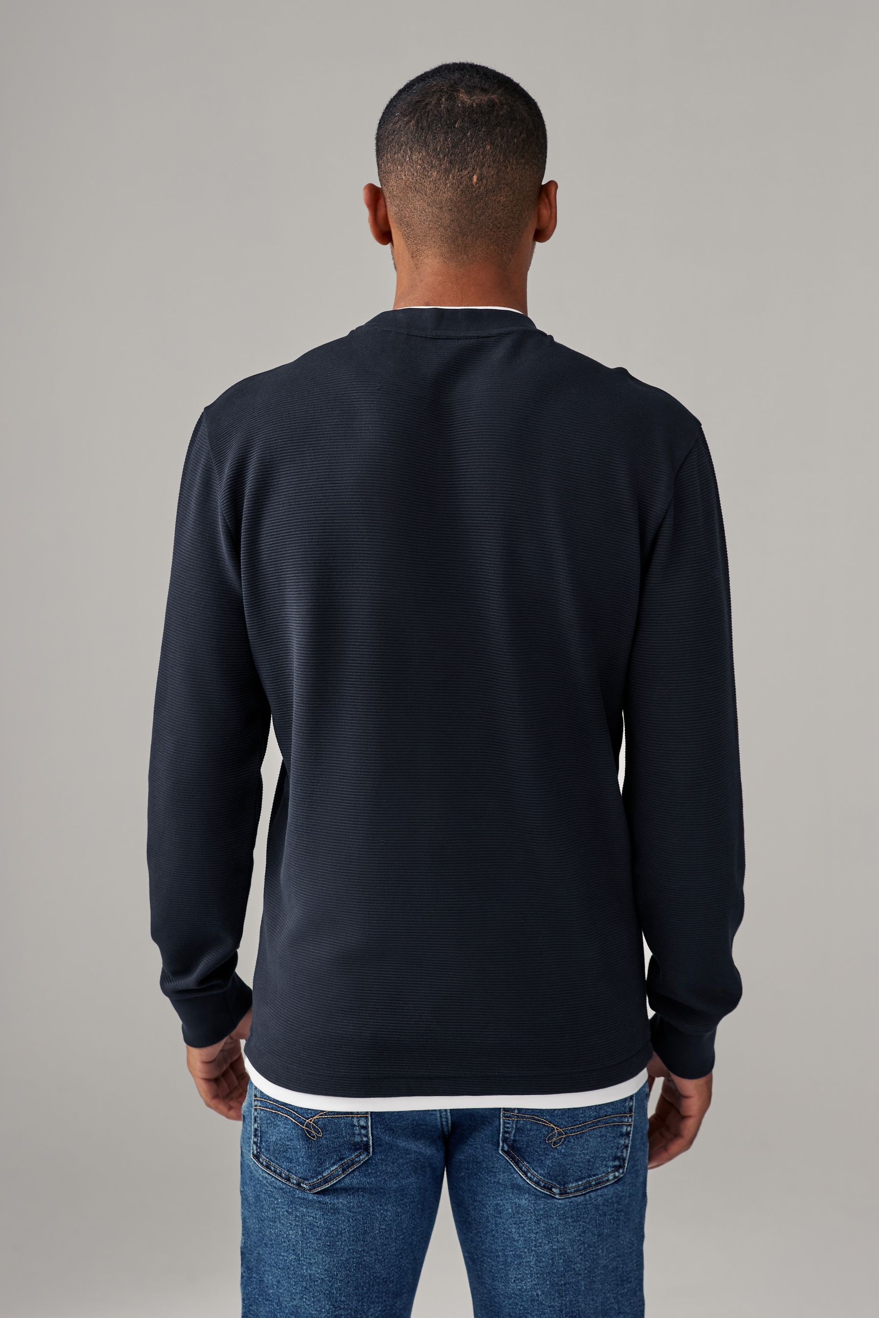 Navy Blue Texture Long Sleeve Mock Layer 100 Cotton Jumper