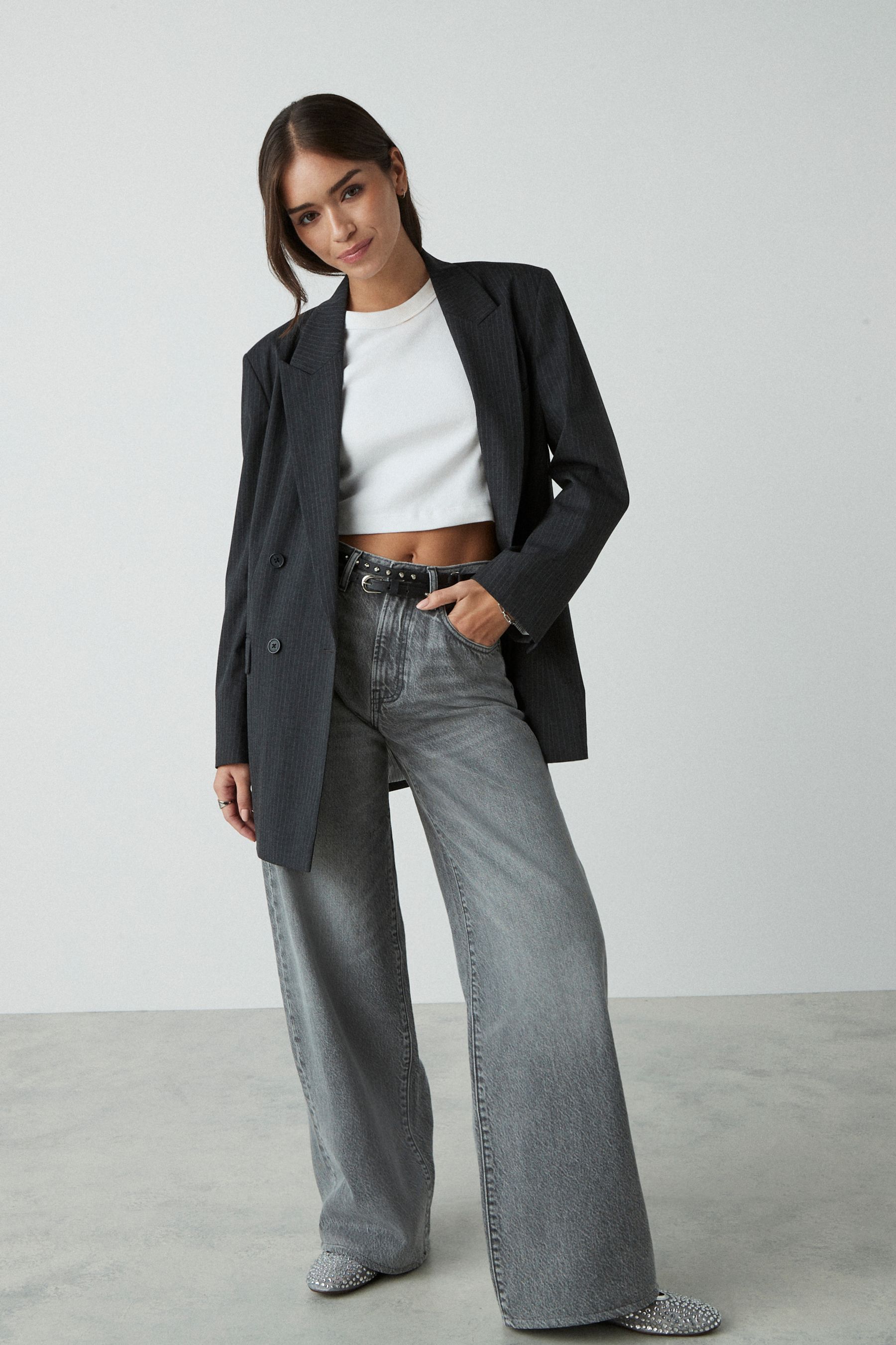 Buy Grey Pinstripe Double Breasted Blazer from Next Luxembourg
