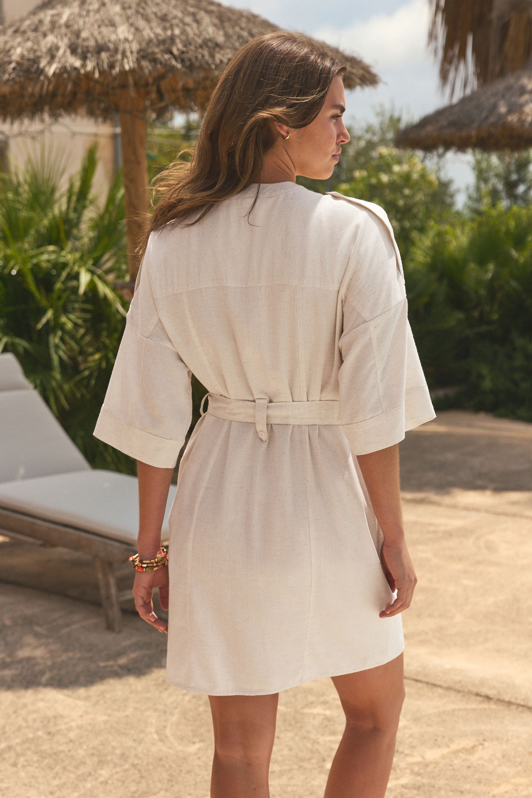 NEXT Stone Natural Utility Tie Belt Mini Dress With Linen 20 Tall Womens