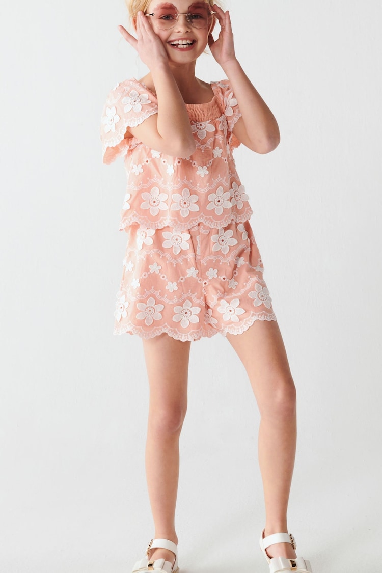 River Island Orange Girls Tiered Broderie Playsuit - Image 1 of 5