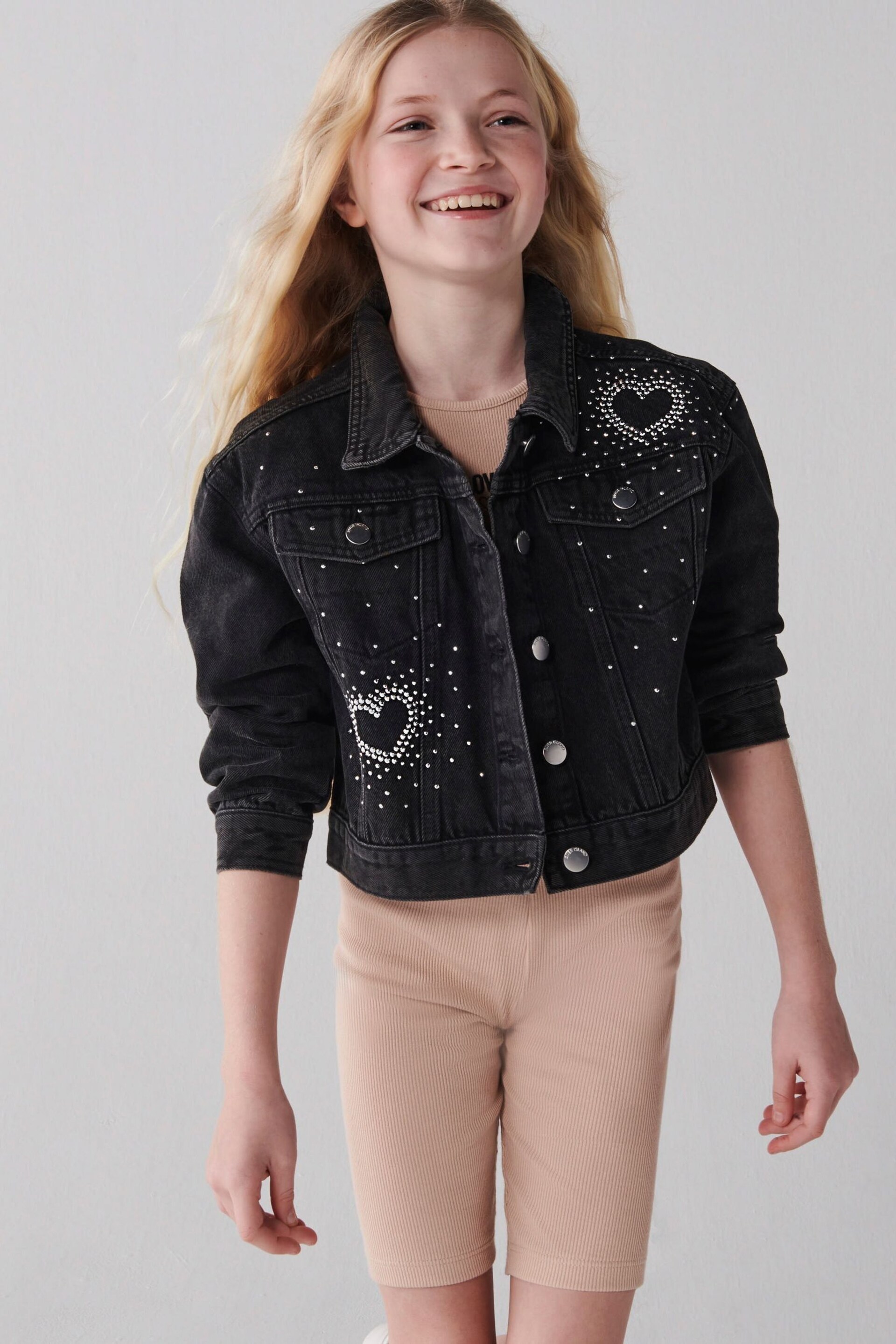 River Island Black Heart Diamante Denim Girls Jacket - Image 1 of 3