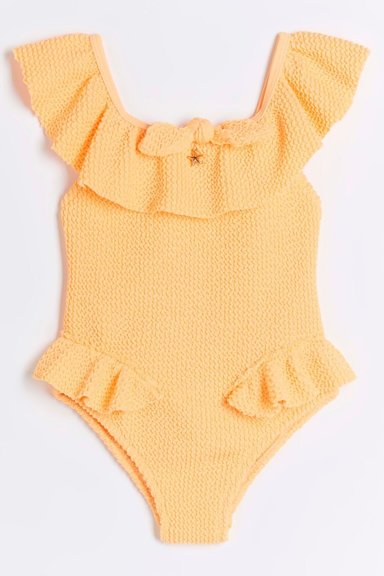 River Island Orange Mini Girls Textured Frilled Swimsuit - Image 1 of 4