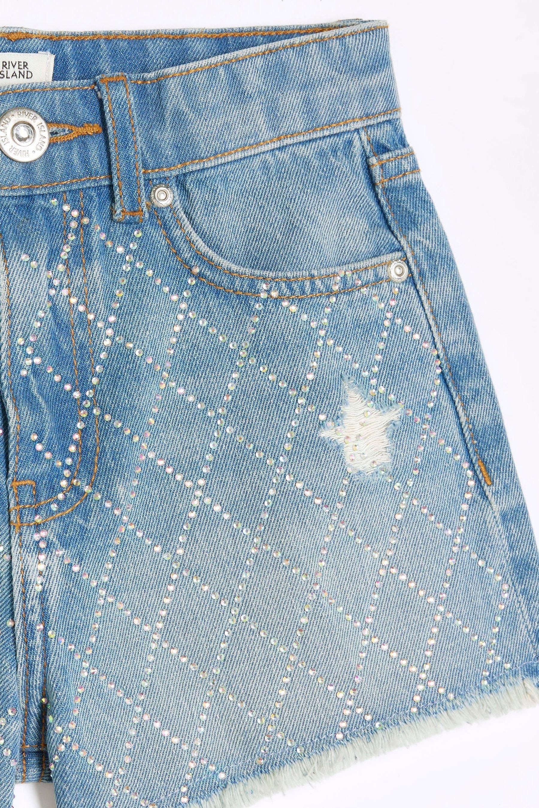 Buy River Island Blue Mom Girls Diamante Denim 100 Cotton Shorts from Next USA