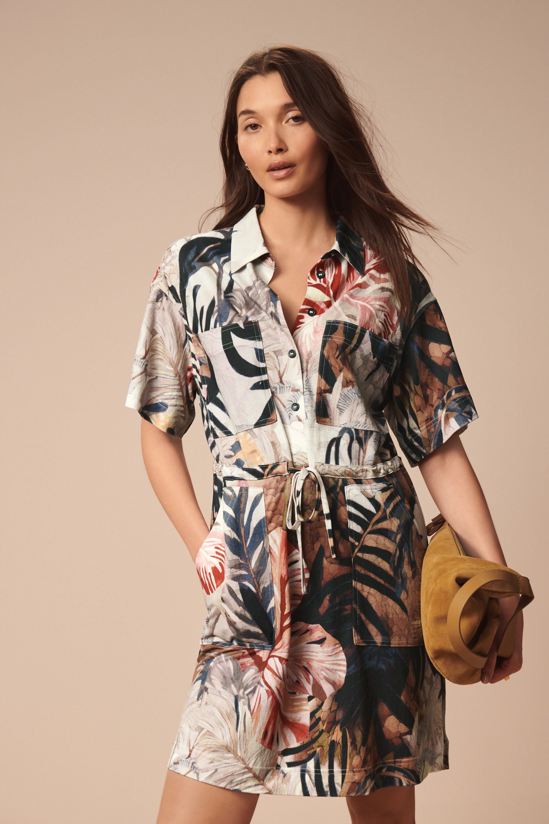 Buy Ecru Tropical Leaf Print Mini Drawstring Utitlity Dress from Next Luxembourg