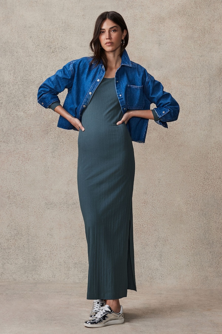 Indigo Blue Scoop Neck Long Sleeve Stretch Rib Maxi Dress - Image 2 of 5