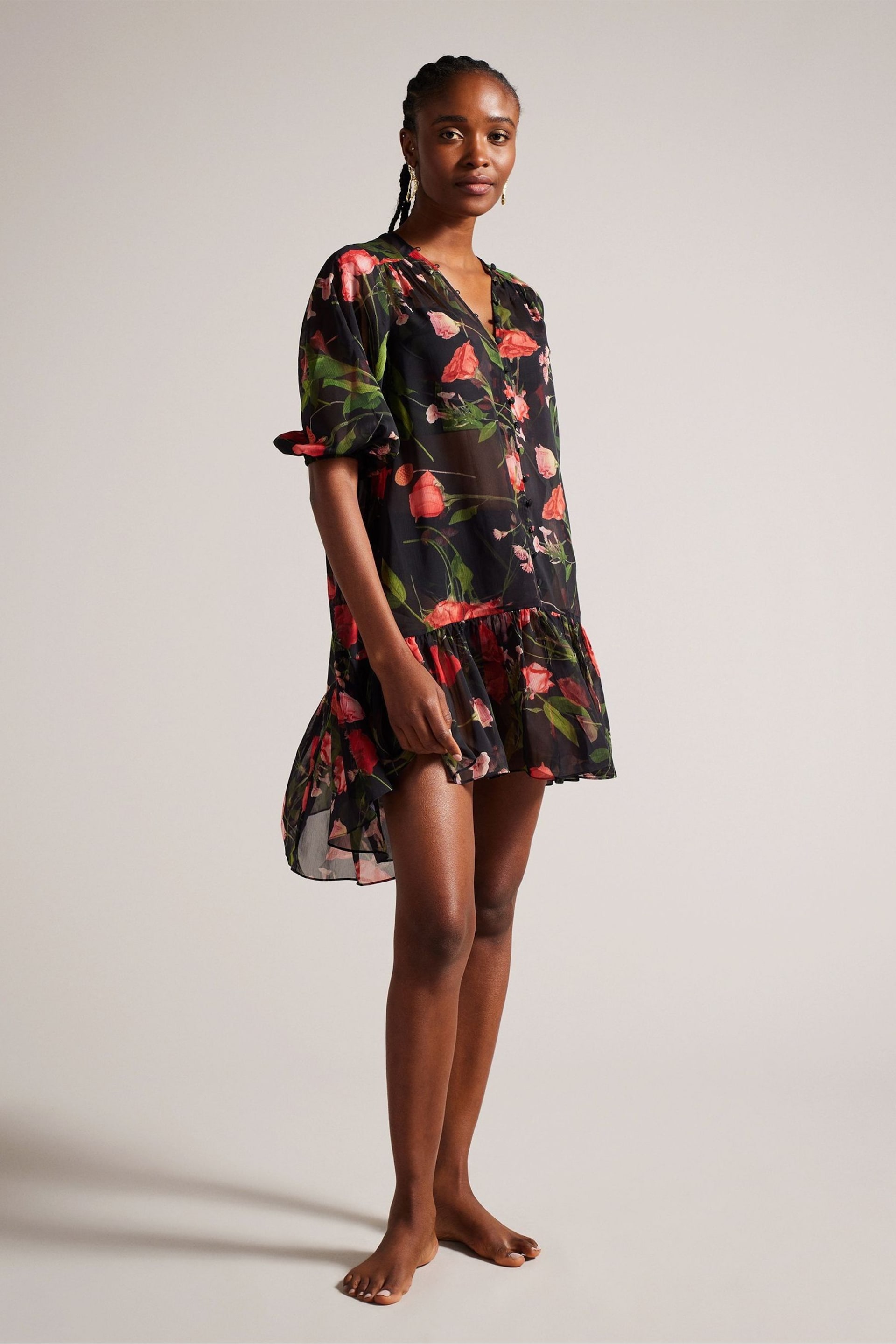 Ted Baker Black Plunge Mini Emileee Cover-Up With Button Detail - Image 2 of 6