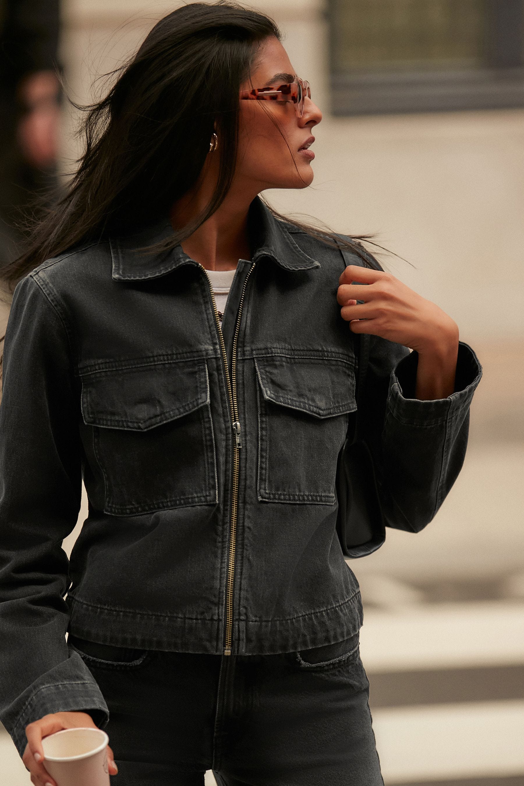 NEXT Black Clean Zip Front Denim Jacket 14 Womens