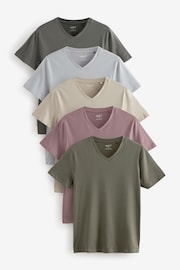 Blue/Green/Pink/Grey Regular Fit 100% Cotton V-Neck Underwear T-Shirts 5 Pack - Image 1 of 16