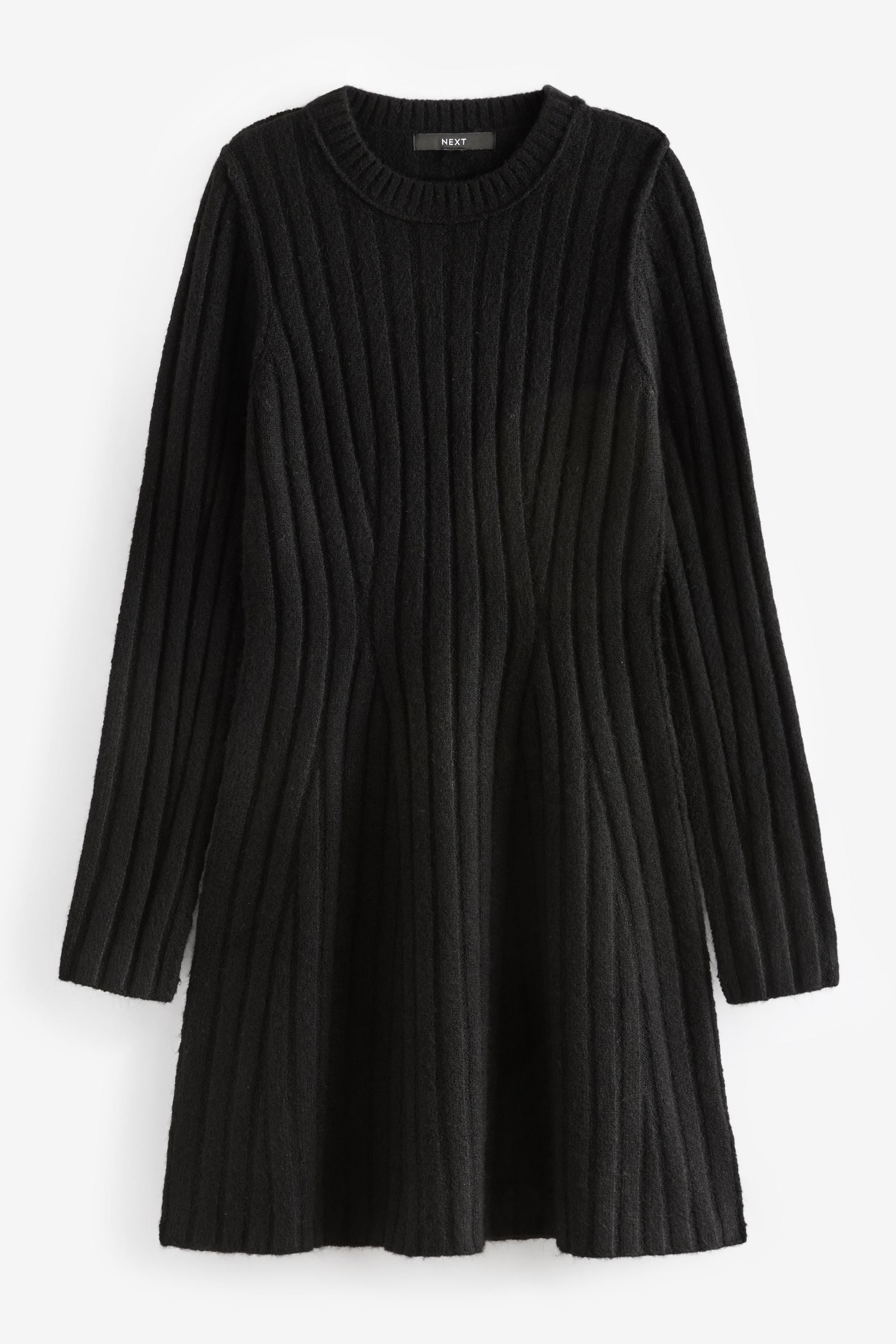Buy Black Ribbed Fit And Flare Mini Knitted Jumper Dress With Wool from the Next UK online shop