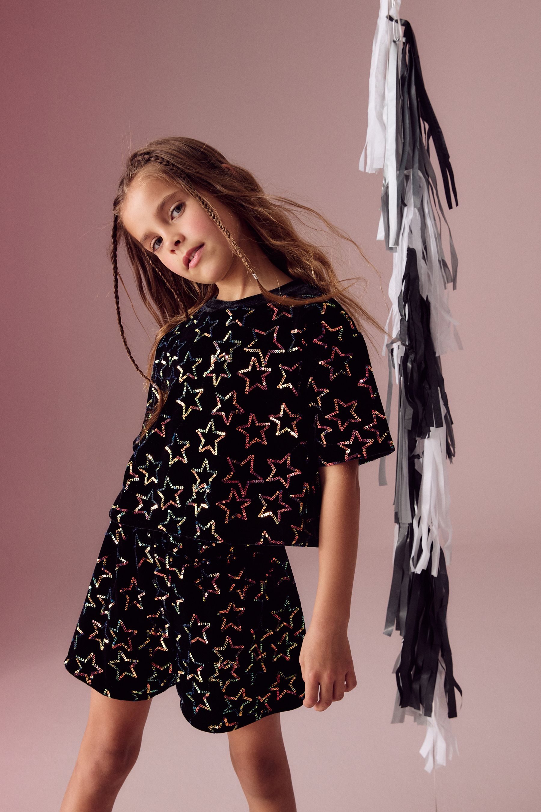 Buy Black Velour Sequin Star Top and Shorts Set 3 16yrs from Next New Zealand
