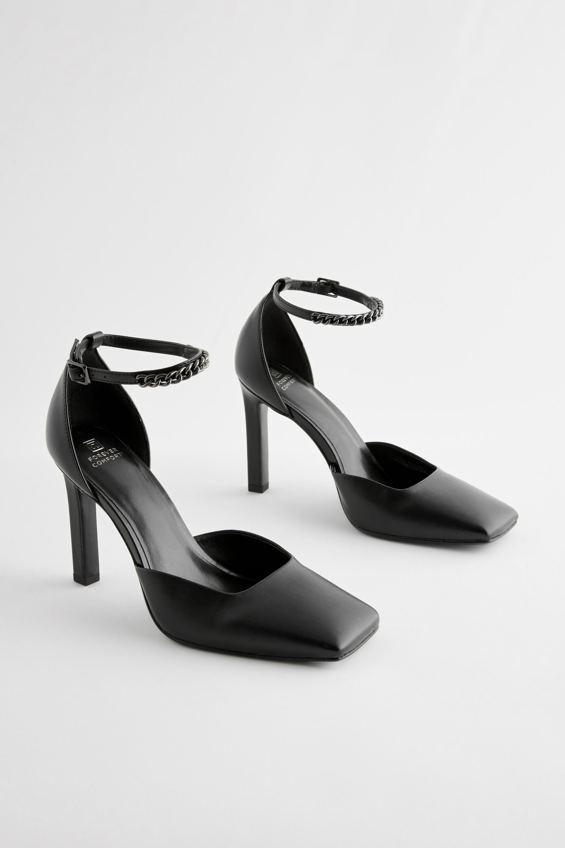 Black Forever Comfort Square Toe Chain Ankle Strap Heels