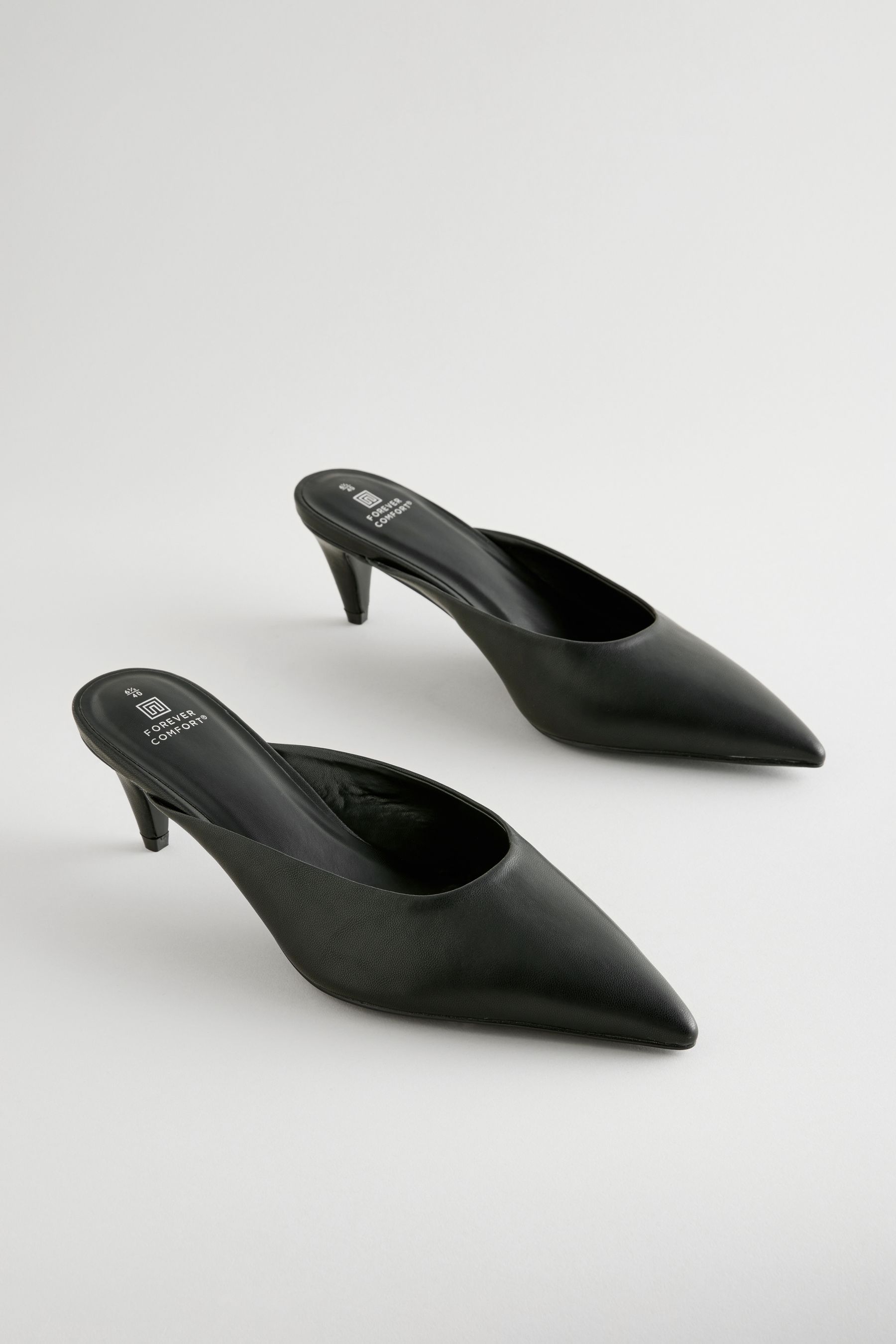 Buy Black Forever Comfort Point Toe Peg Heel Mules from the Next UK online shop