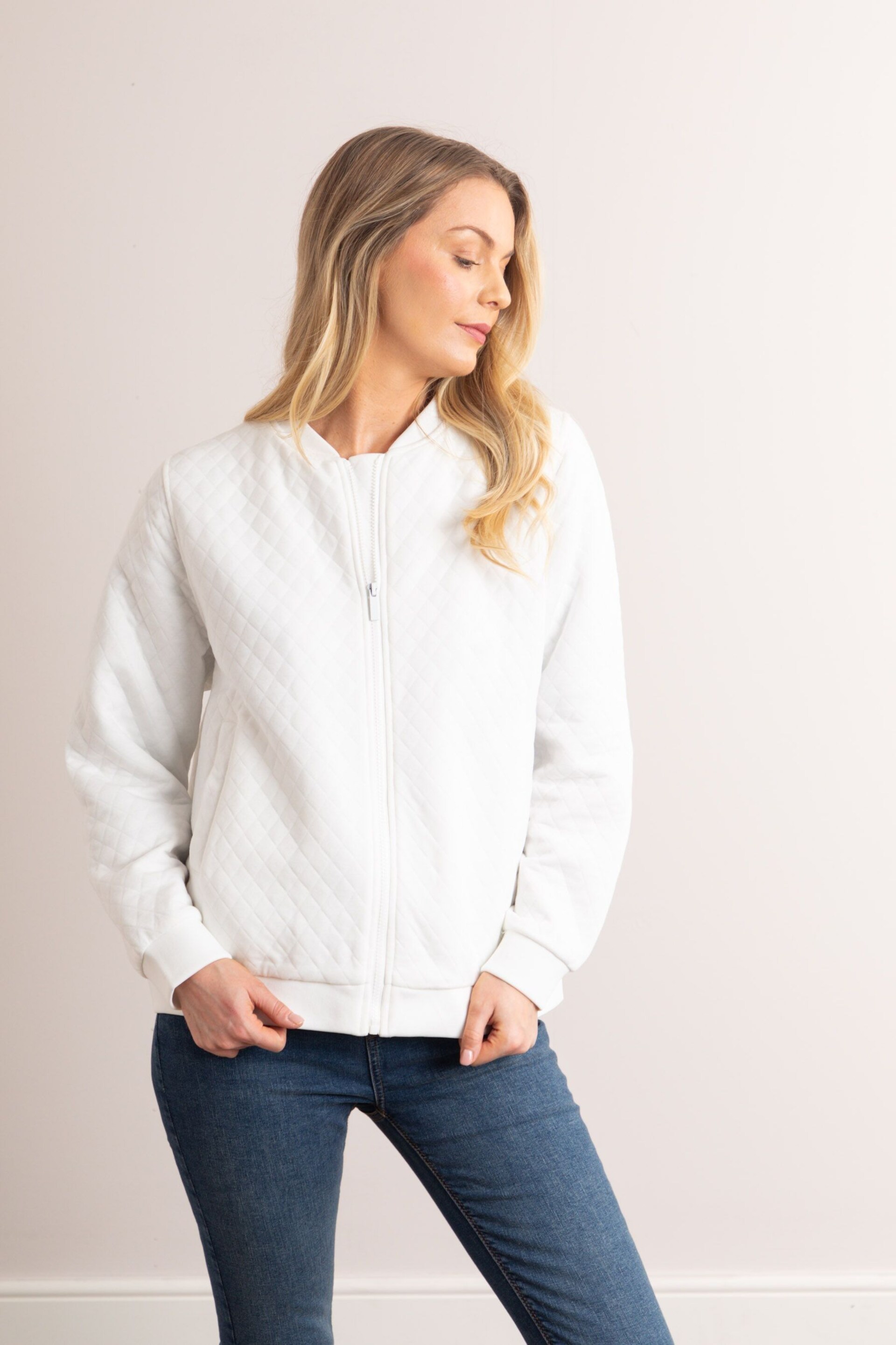 Lakeland Clothing Marissa Jersey Quilted White Bomber Jacket - Image 1 of 8