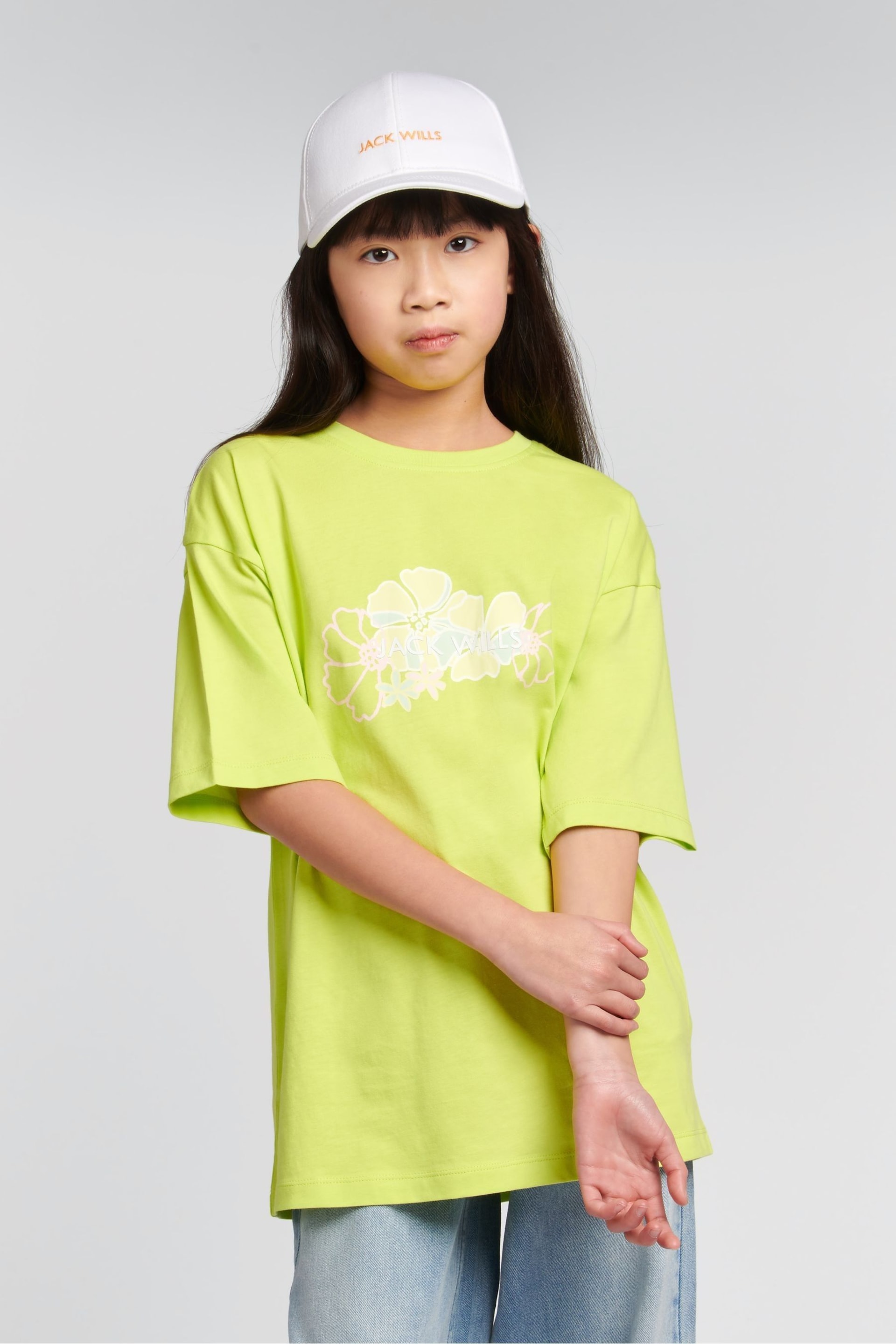 Jack Wills Oversized Fit Girls Green Floral Graphic T-Shirt - Image 1 of 7