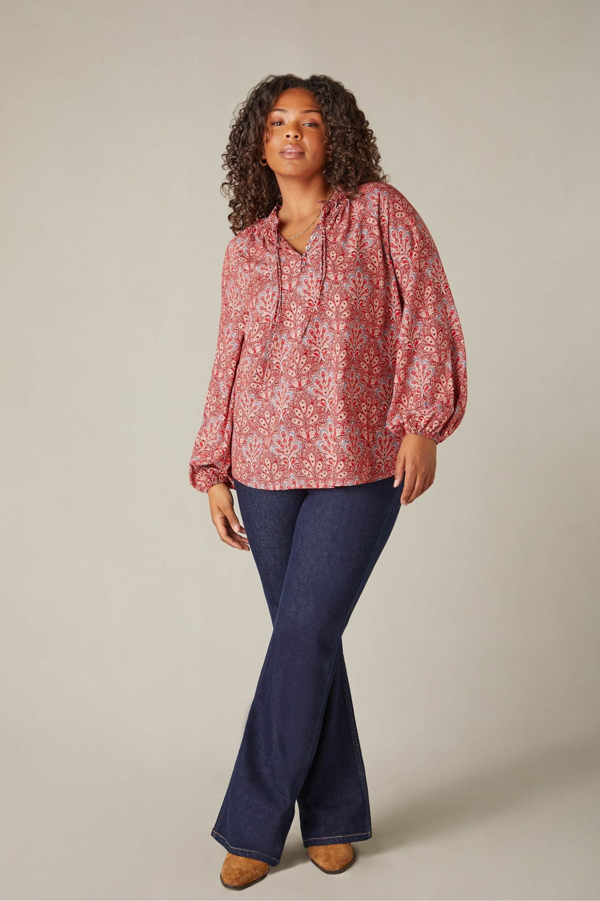 Live Unlimited Red Paisley Print Shirred Neck Blouse - Image 2 of 7