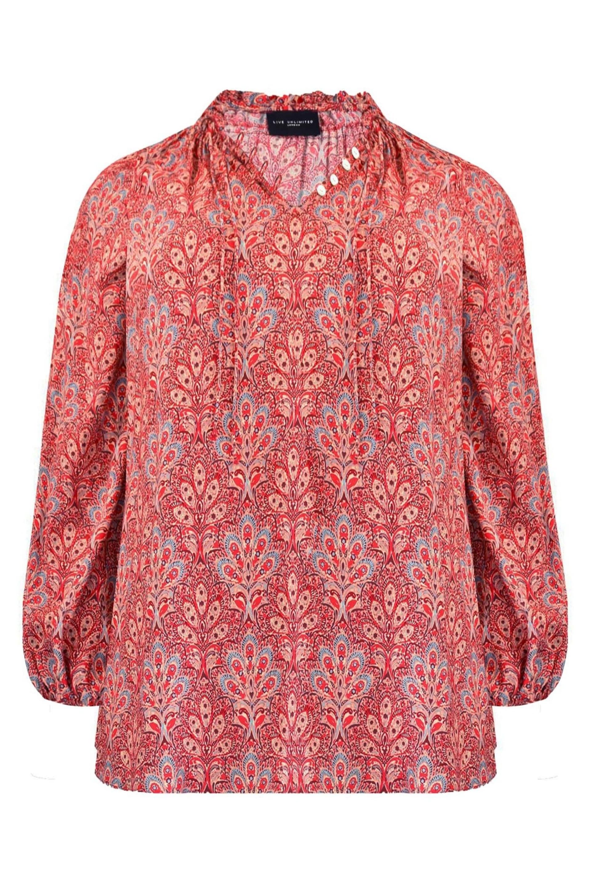 Live Unlimited Red Paisley Print Shirred Neck Blouse - Image 6 of 7