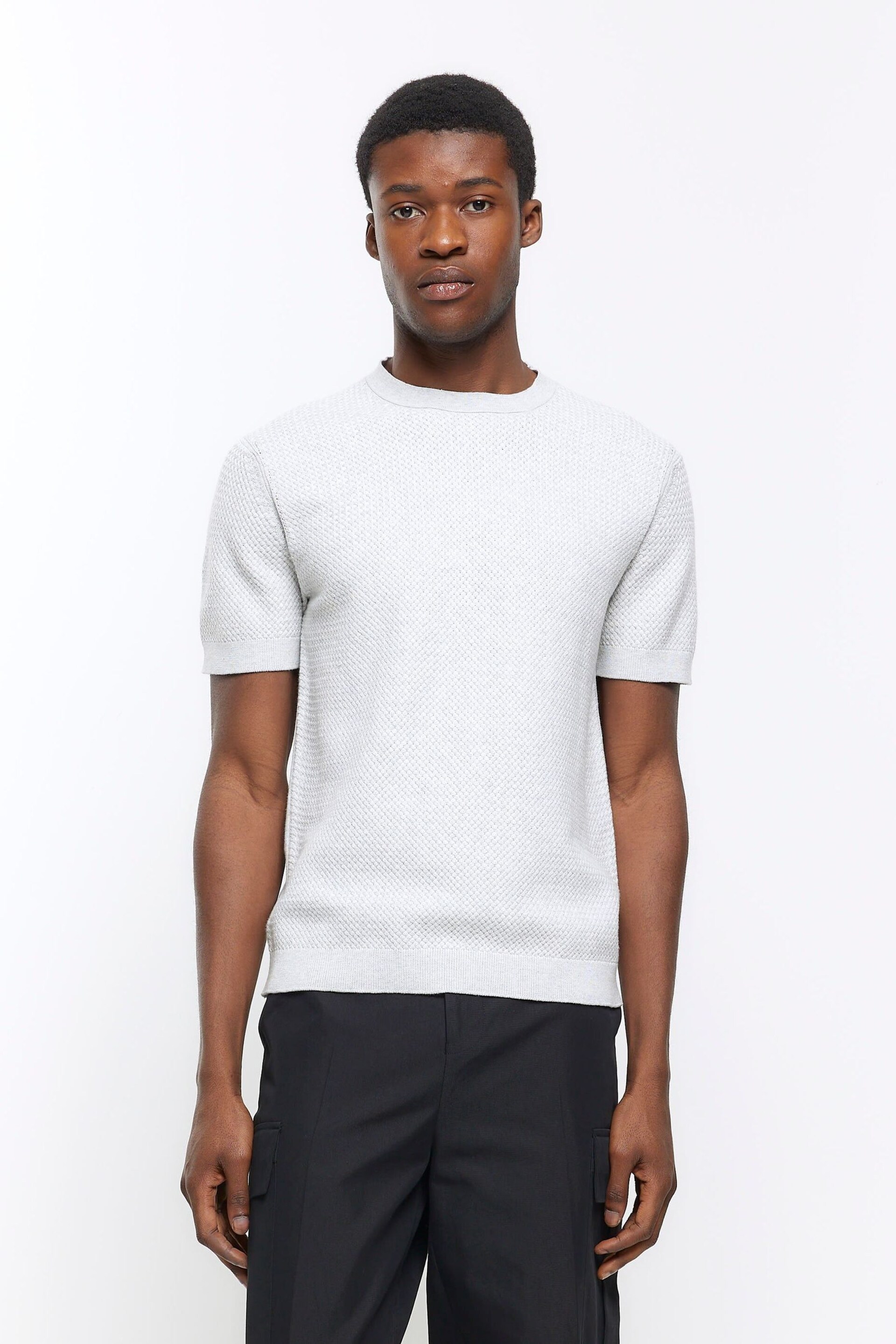 River Island Grey Textured Knitted T-Shirt - Image 1 of 4