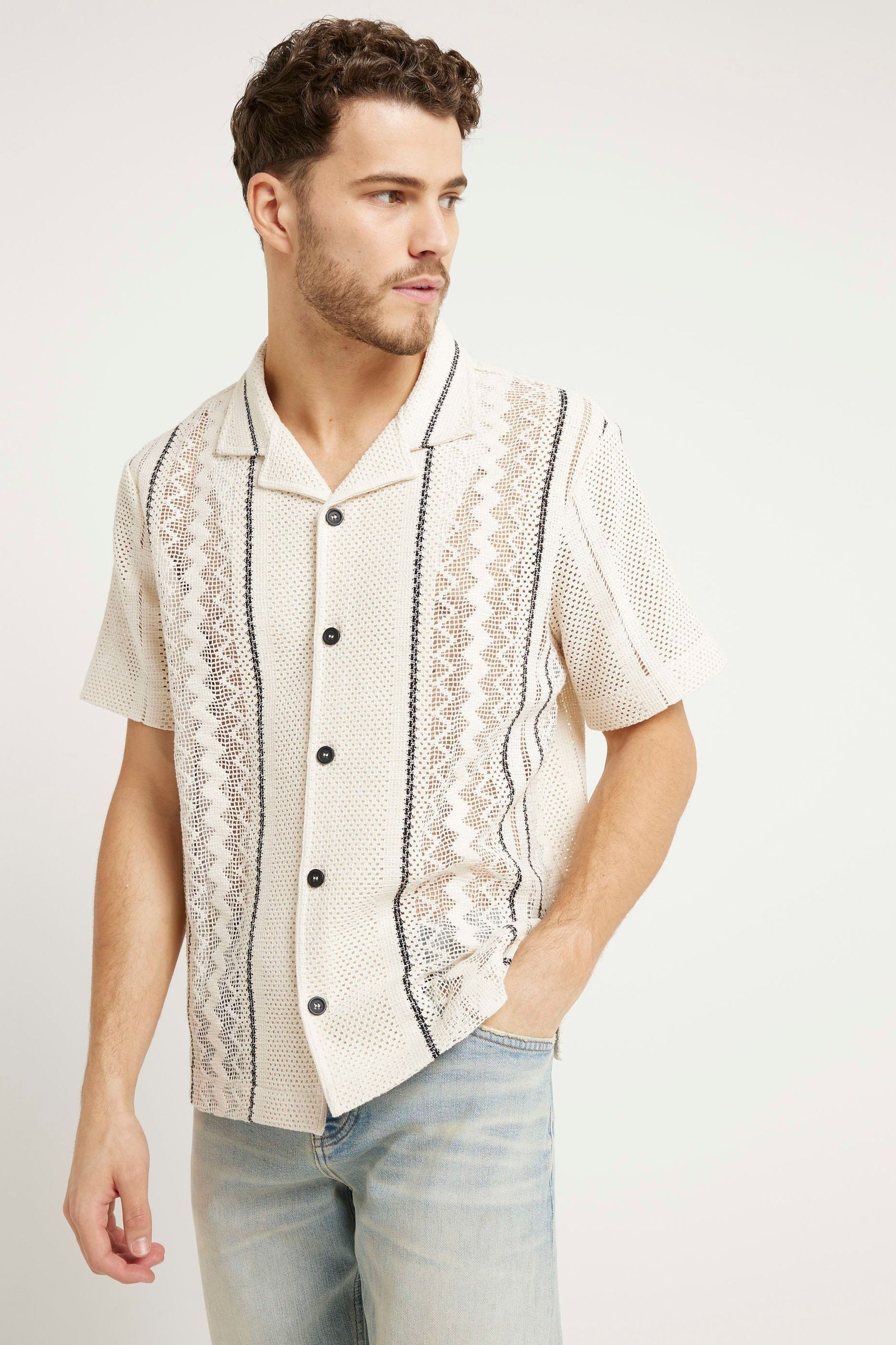 Buy River Island White Regular Fit Stripe Crochet Revere 100 Cotton Shirt from the Next UK online shop