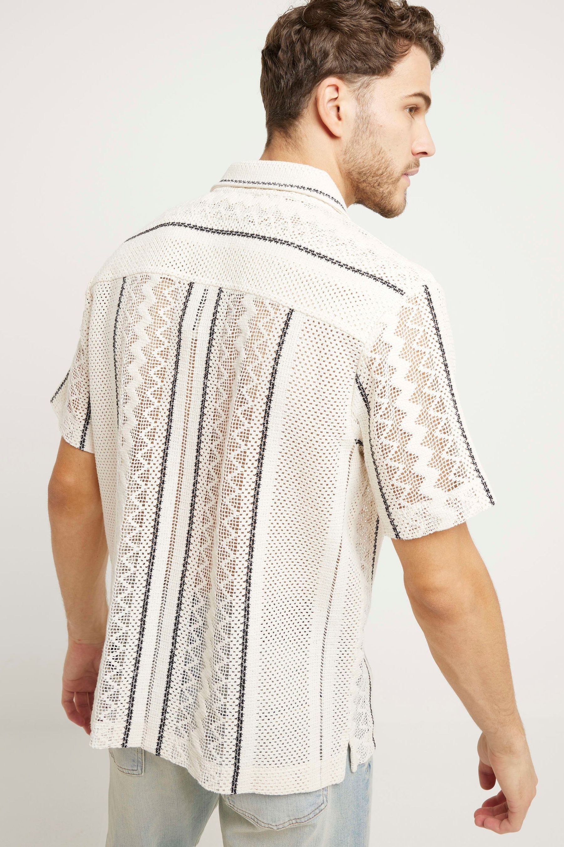 Buy River Island White Regular Fit Stripe Crochet Revere 100 Cotton Shirt from the Next UK online shop