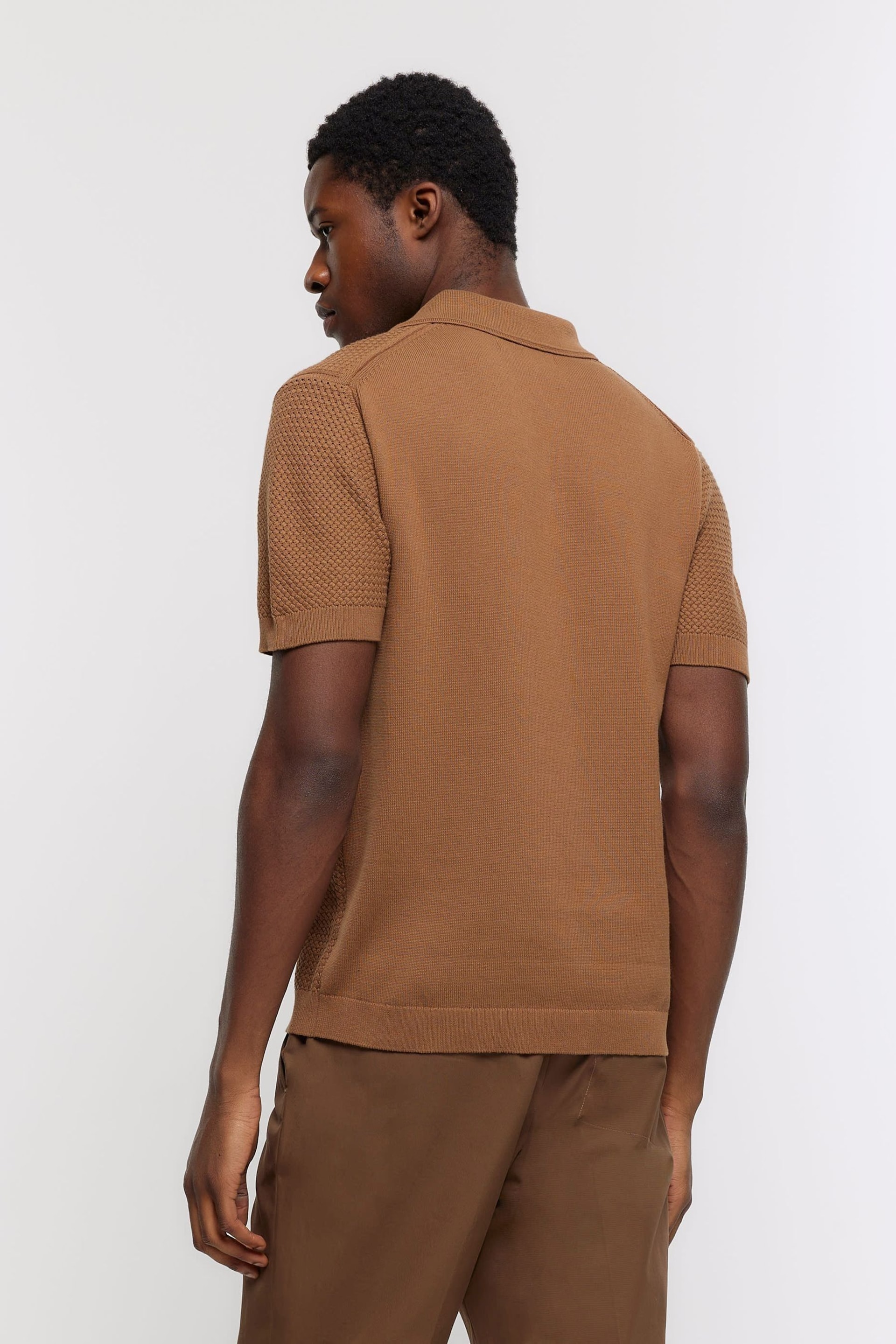 River Island Brown Textured Knitted Polo Shirt - Image 2 of 4