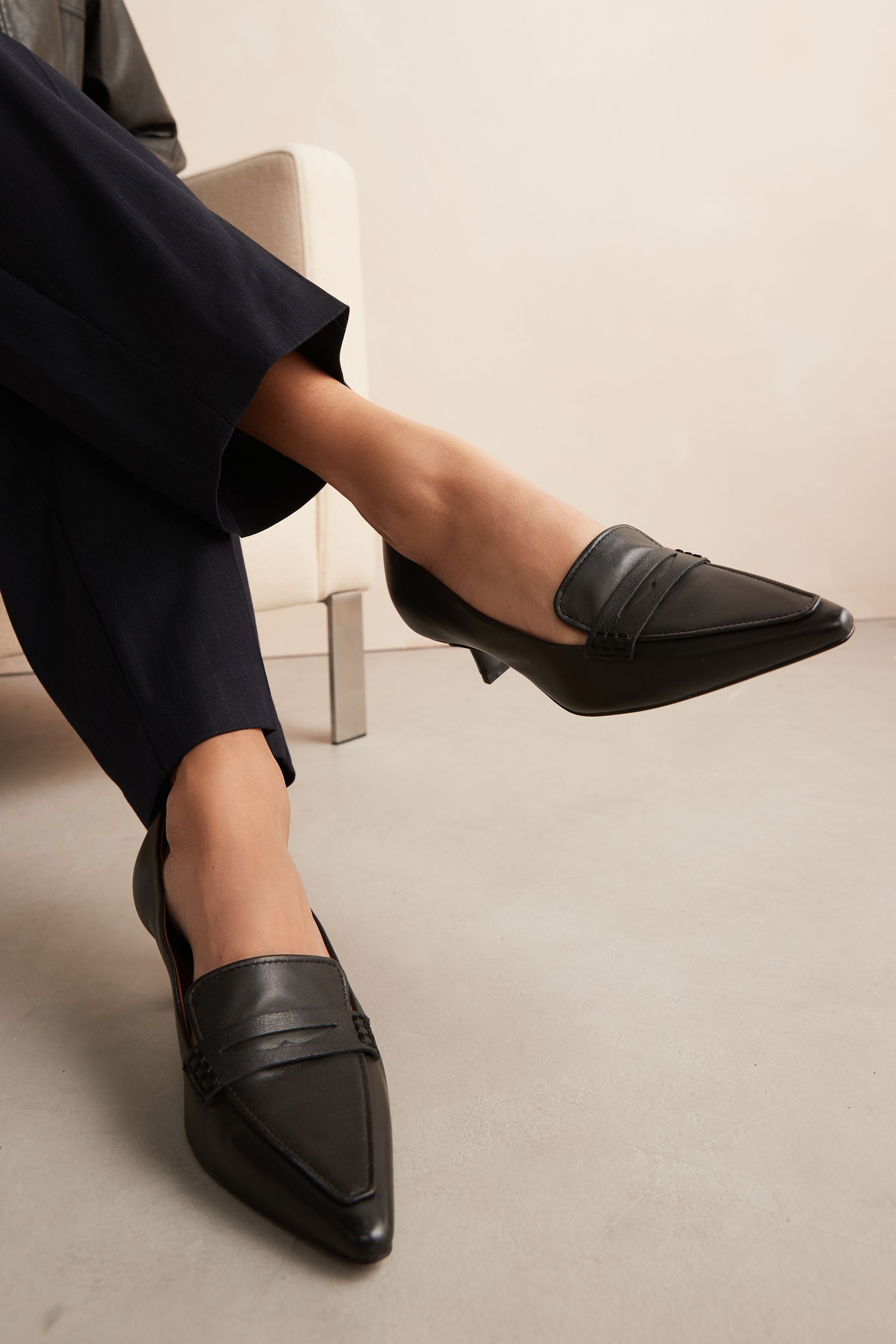 Black Forever Comfort Leather Point Kitten Loafer Heels