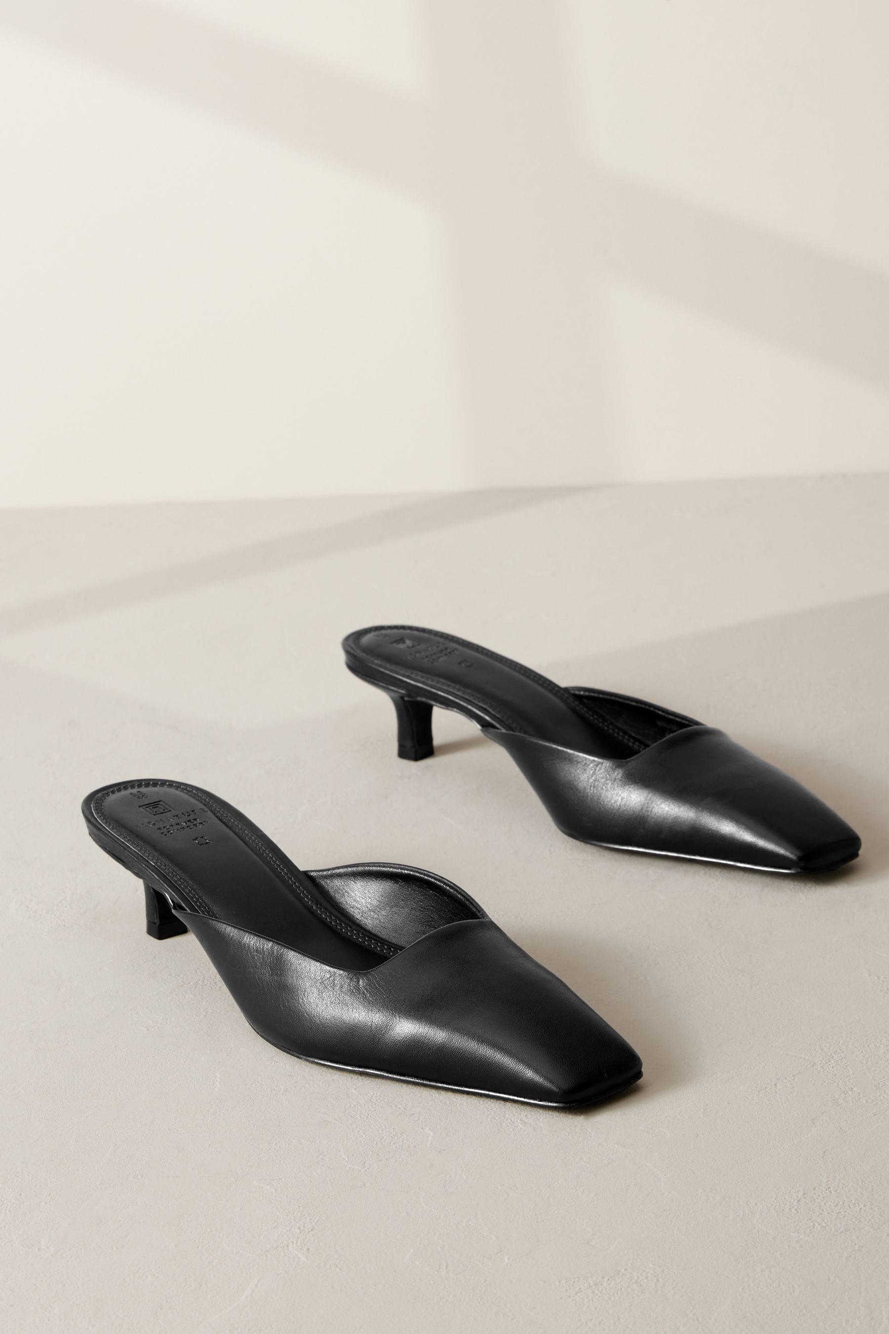 NEXT Black Signature Forever Comfort Leather Square Toe Kitten Mules 9 Womens