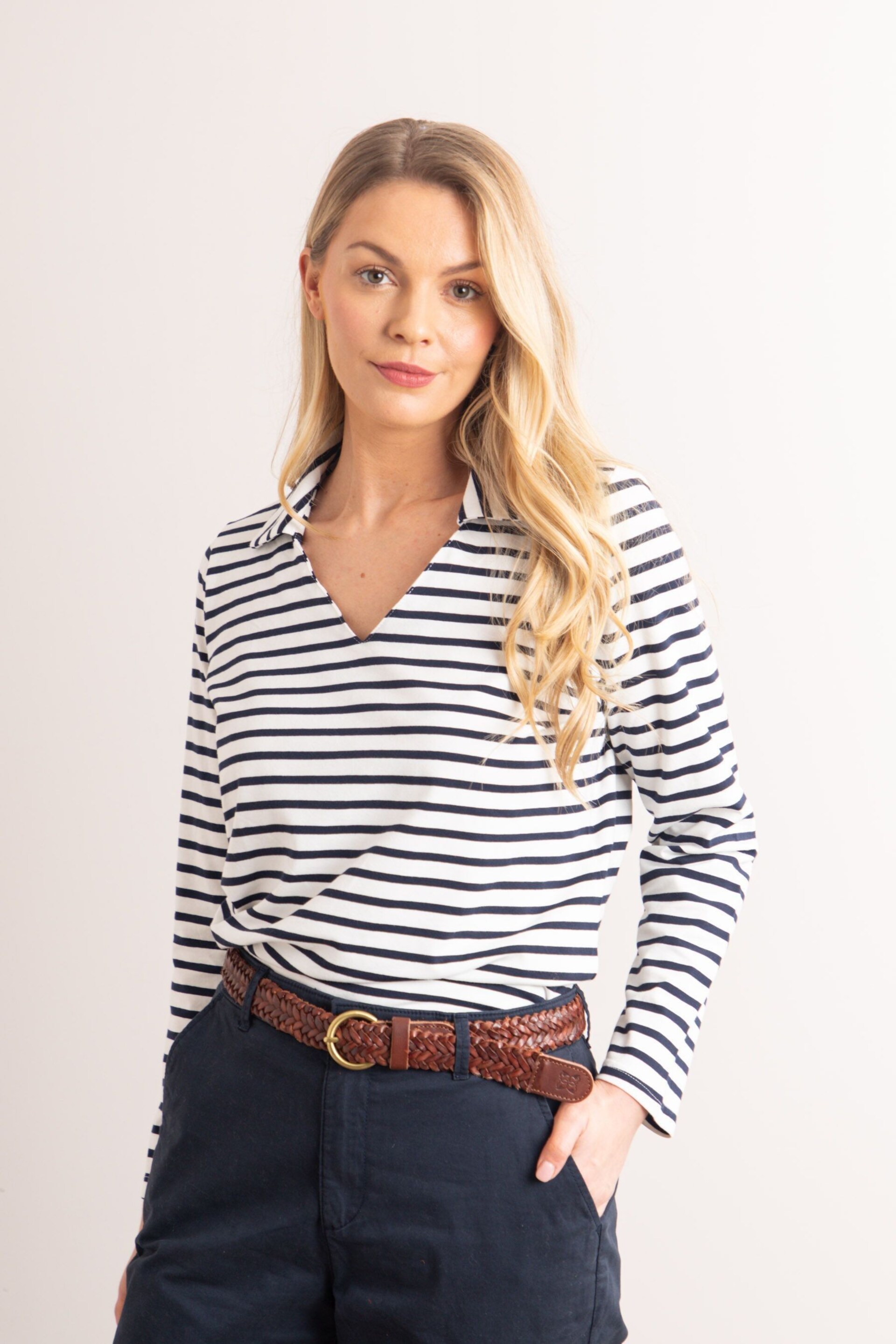 Lakeland Clothing Daisy V-Neck Collared Stripe White Jersey Top - Image 1 of 6