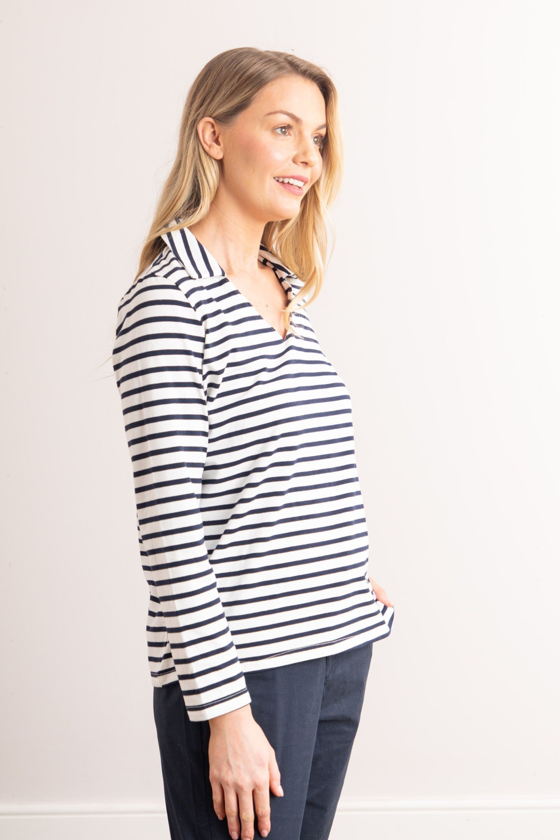 Lakeland Clothing Daisy V-Neck Collared Stripe White Jersey Top - Image 4 of 6