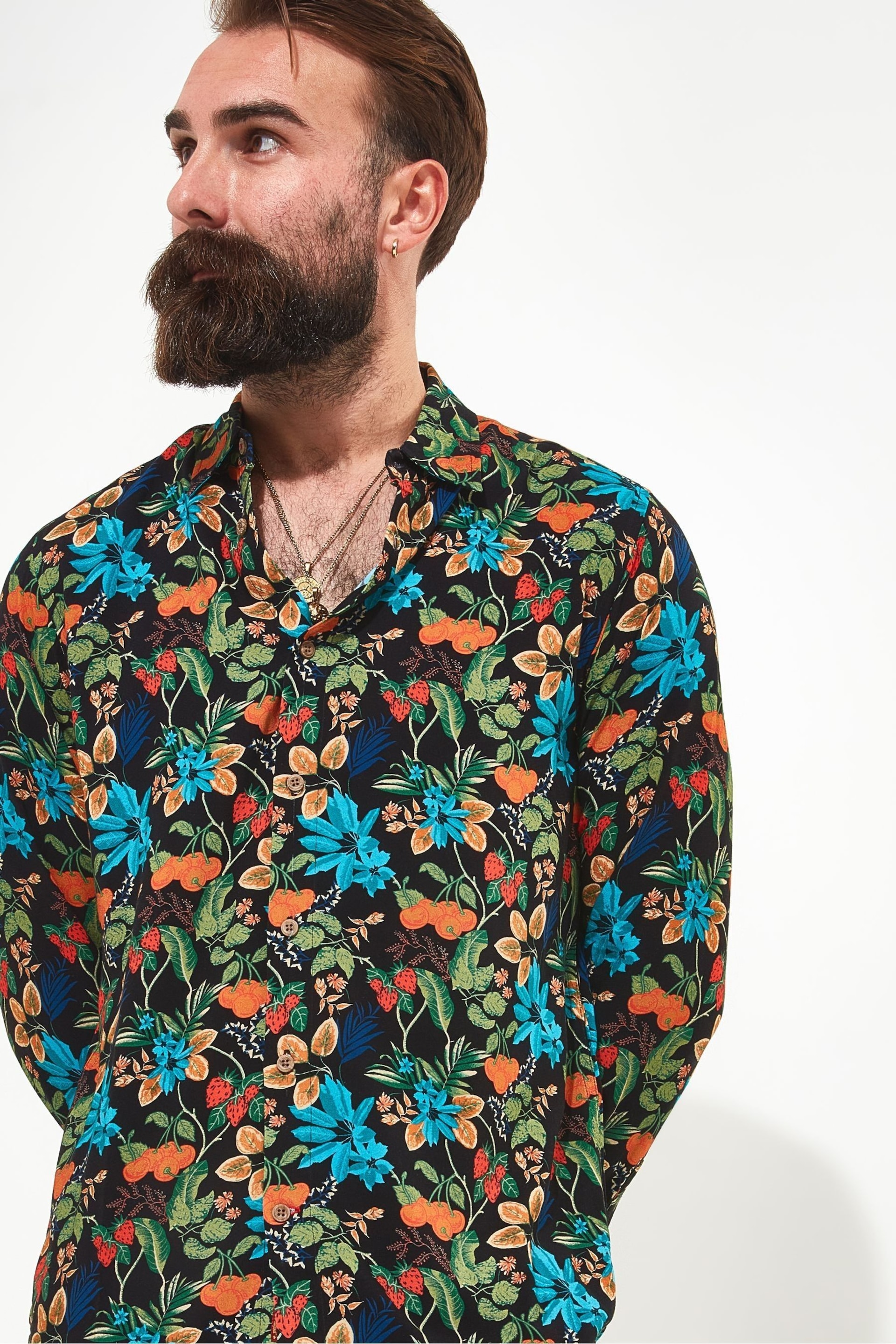 Joe Browns Black Fruit Floral Print Collared Shirt - Image 6 of 7
