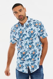 Threadbare Blue Chrome Cotton Tropical Print Short Sleeve Shirt - Image 1 of 4