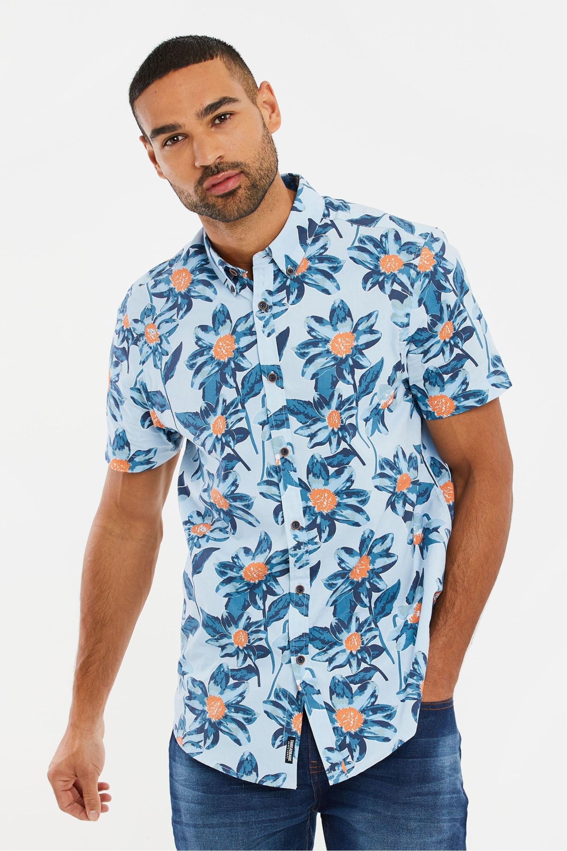 Threadbare Blue Chrome Cotton Print Short Sleeve Shirt - Image 1 of 4