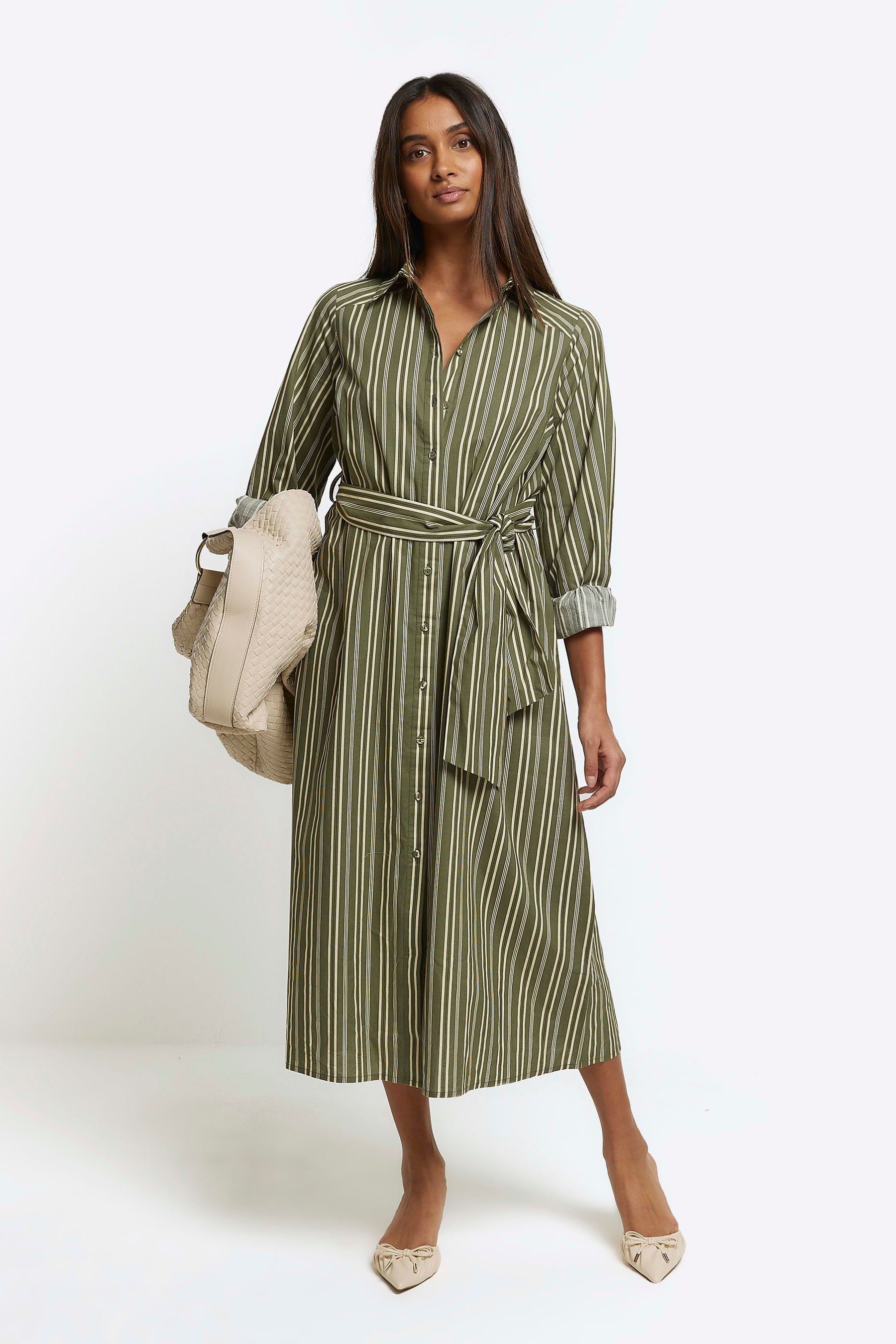Buy River Island Khaki 100 Cotton Balloon Stripe Midi Shirt Dress from Next Bahrain