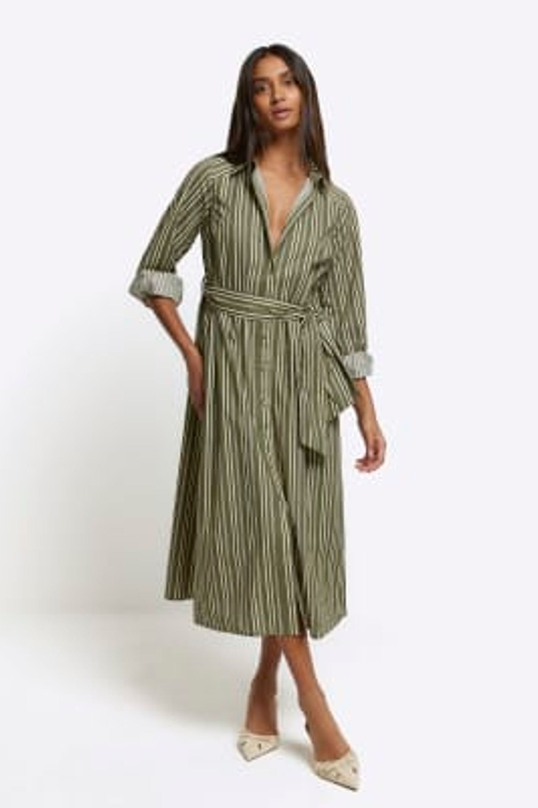 Buy River Island Khaki 100 Cotton Balloon Stripe Midi Shirt Dress from Next Canada
