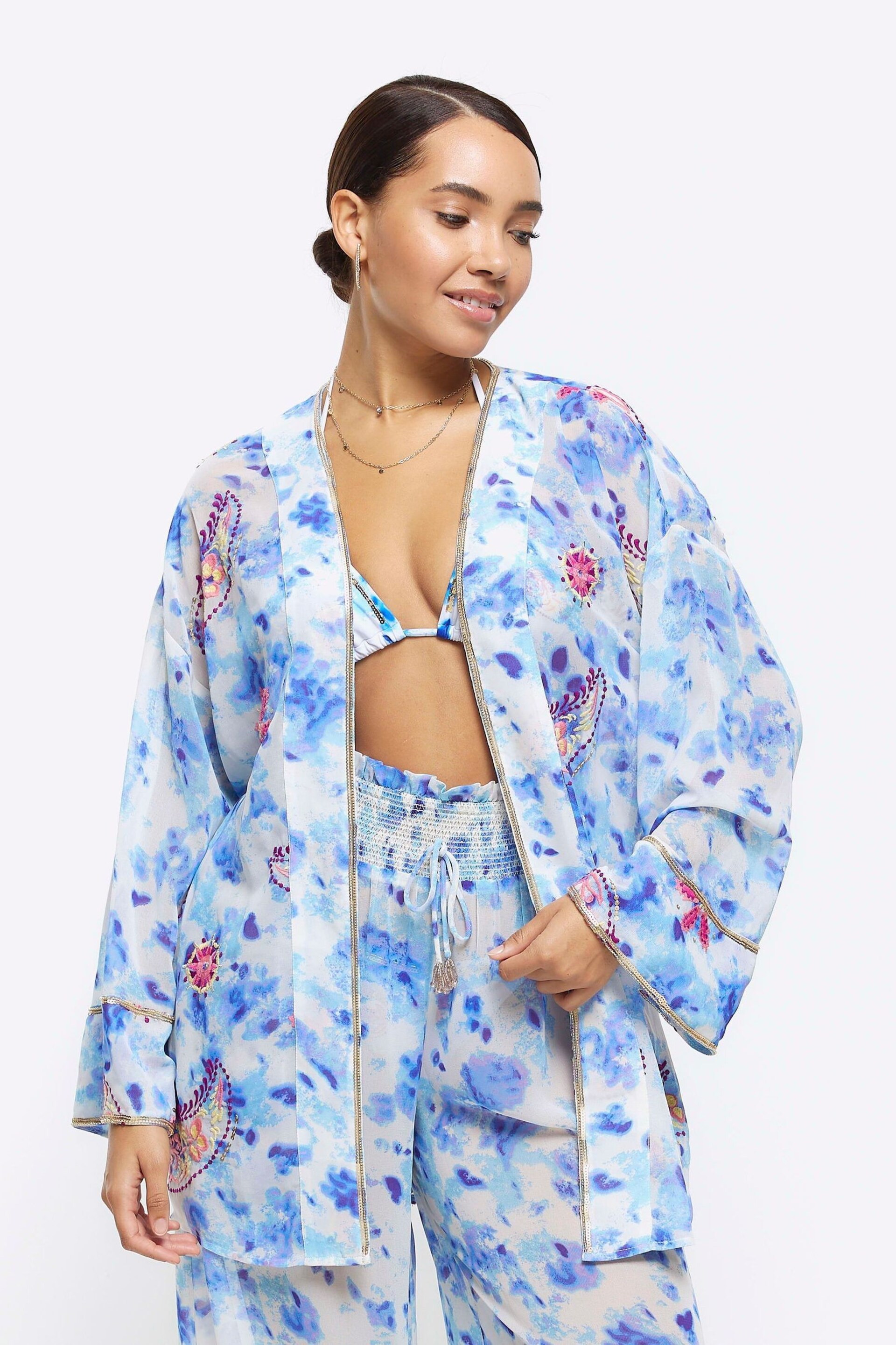 River Island Blue Embellished Tie Dye Kimono Cover-Up - Image 1 of 4