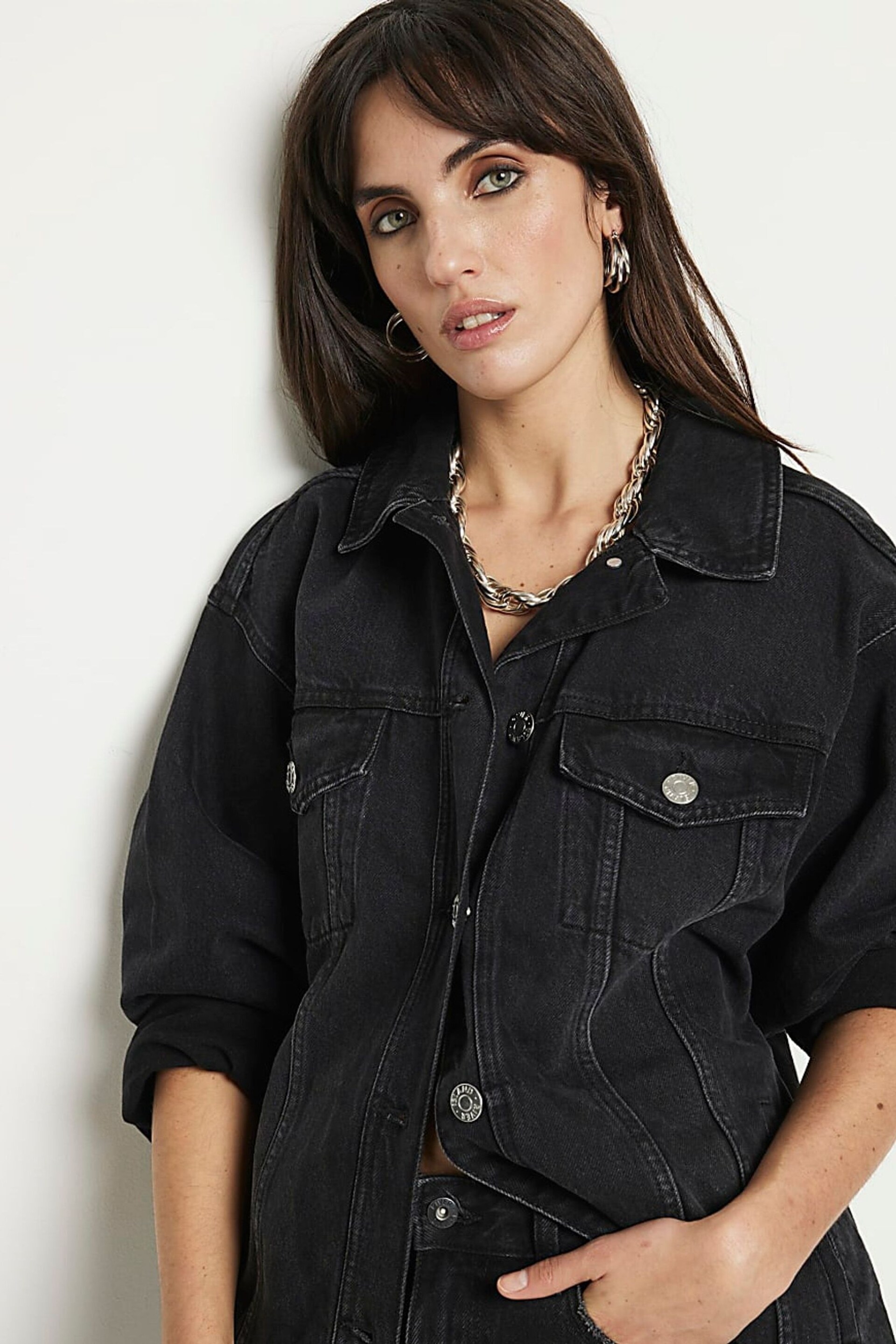 River Island Black Denim Trucker Jacket - Image 2 of 4