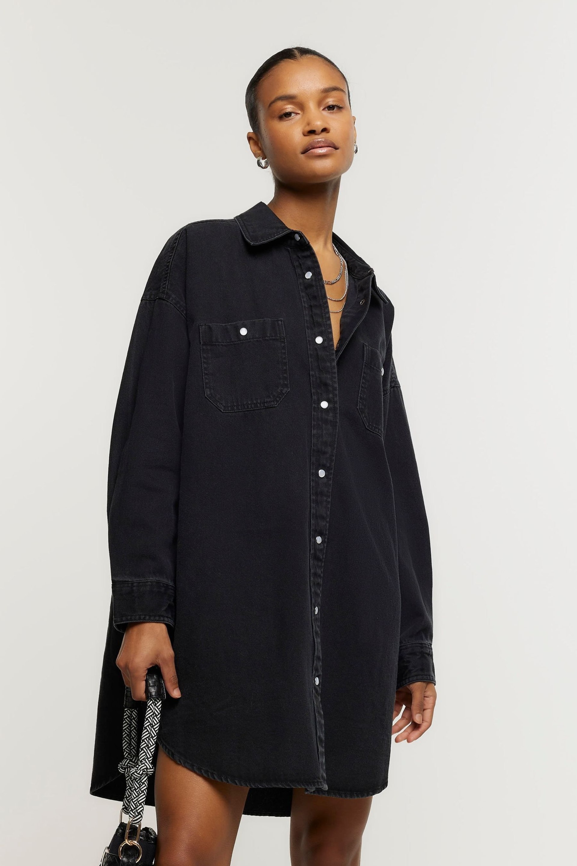 River Island Black Denim Oversized Shirt Dress - Image 1 of 5