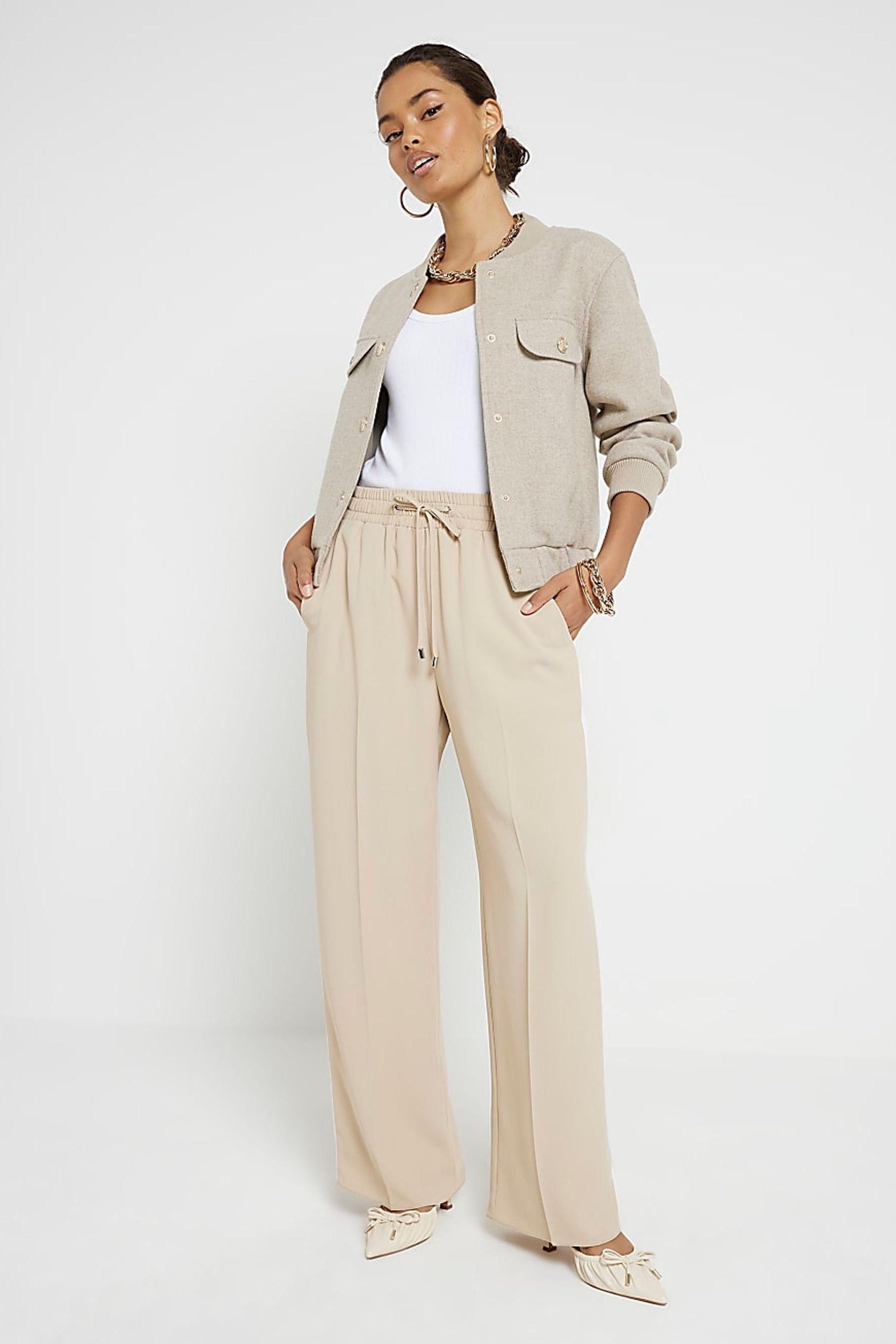 Buy River Island Beige Petite Side Stripe Wide Leg Joggers from Next Oman