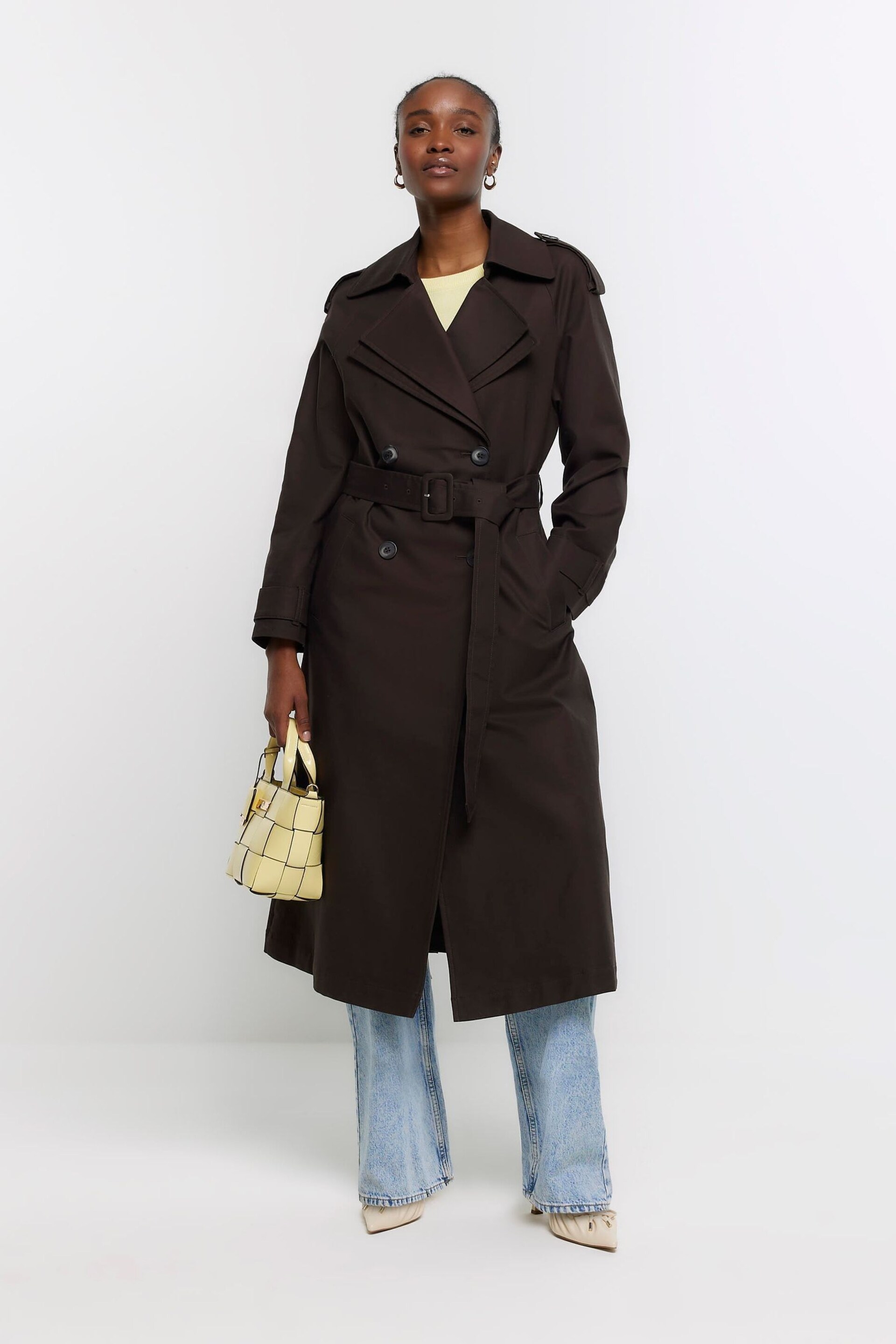 River Island Brown Double Collar Belted Trench Coat - Image 1 of 5