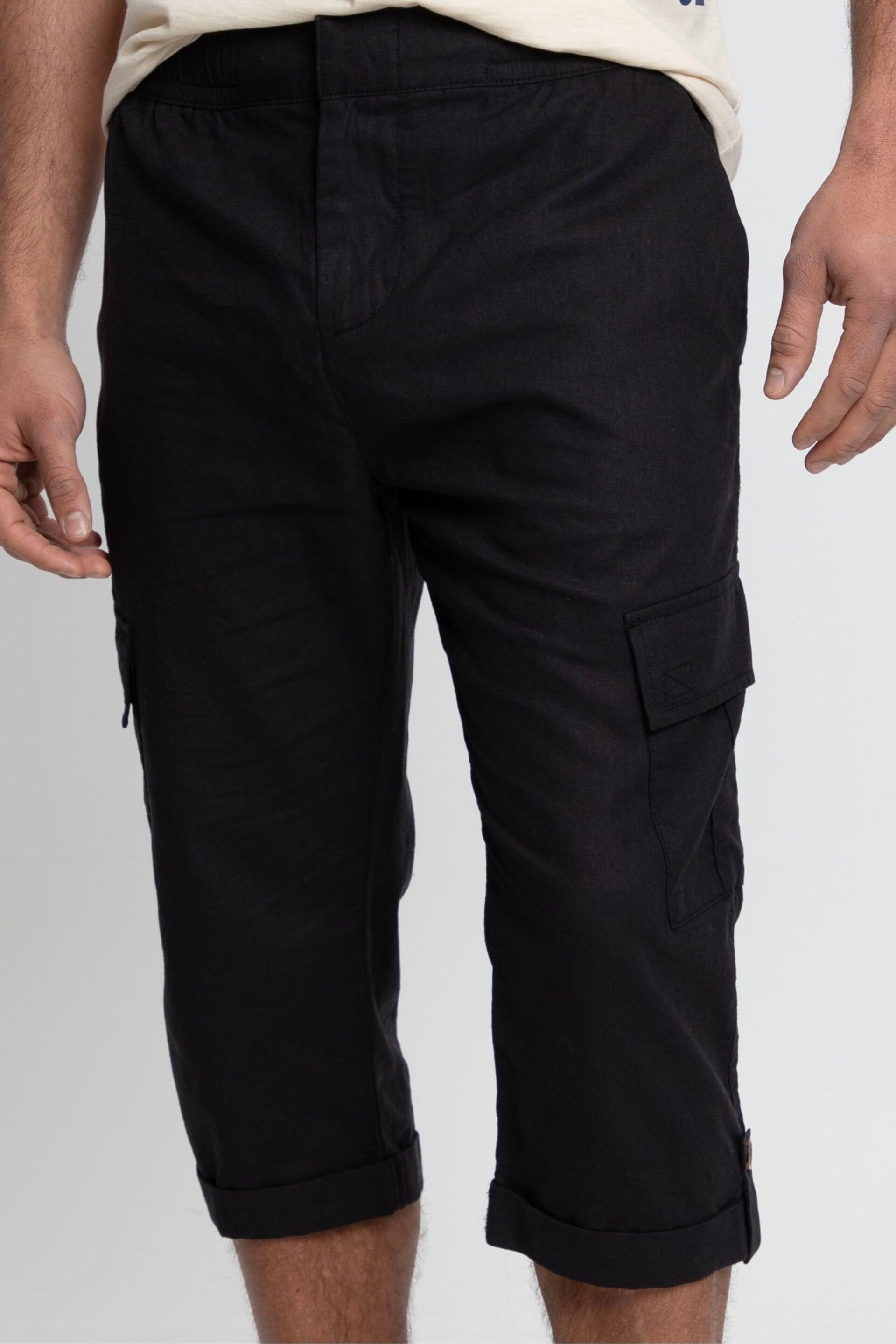 Threadbare Black 3/4 Length Linen Blend Pull-On Cargo Trousers - Image 4 of 4